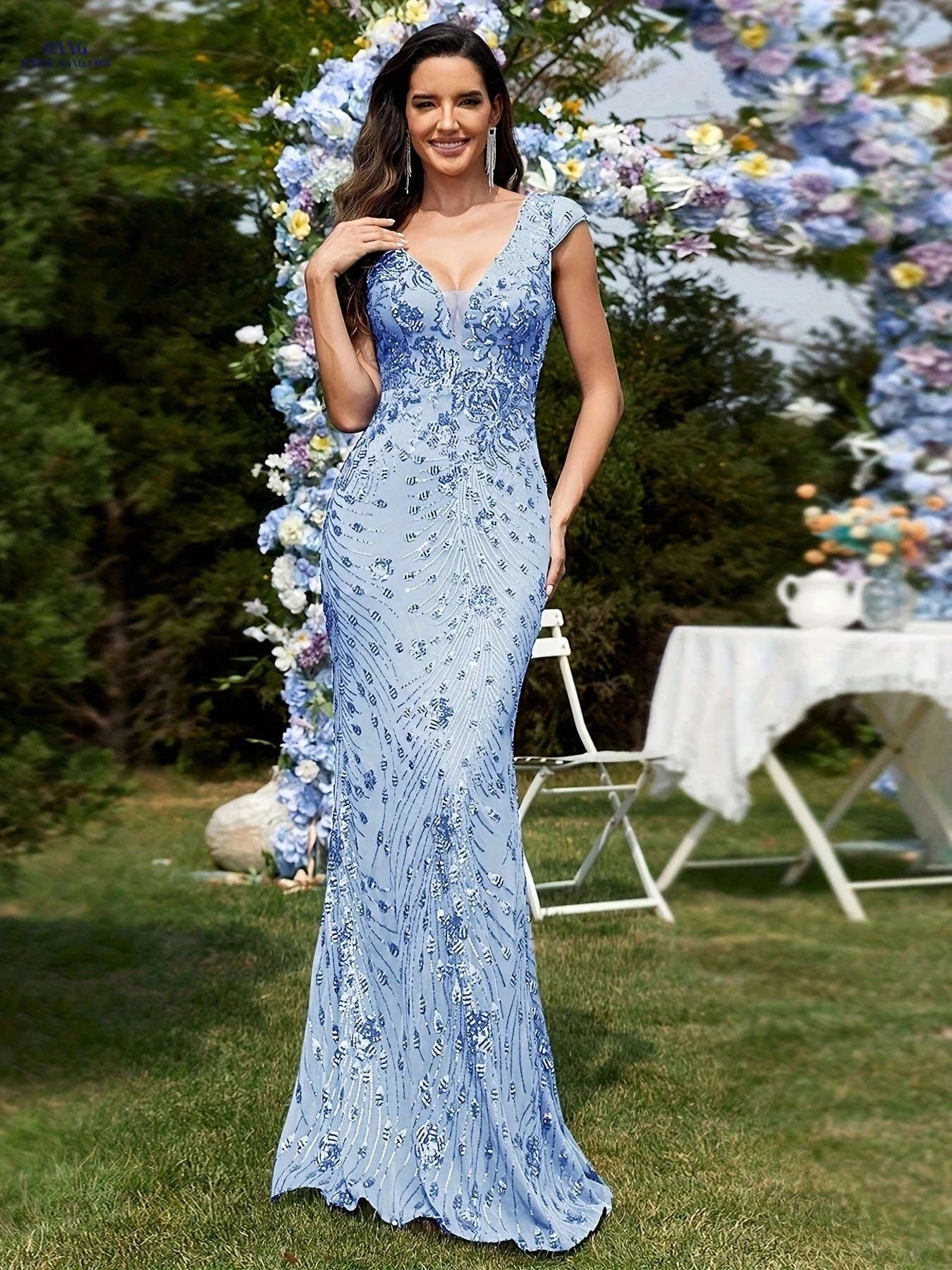 XUIBOL Sleeveless V-Neck Sequin Evening Gown - Elegant Mermaid Dress   OAXG 