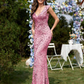 XUIBOL Sleeveless V-Neck Sequin Evening Gown - Elegant Mermaid Dress   OAXG Pink / S