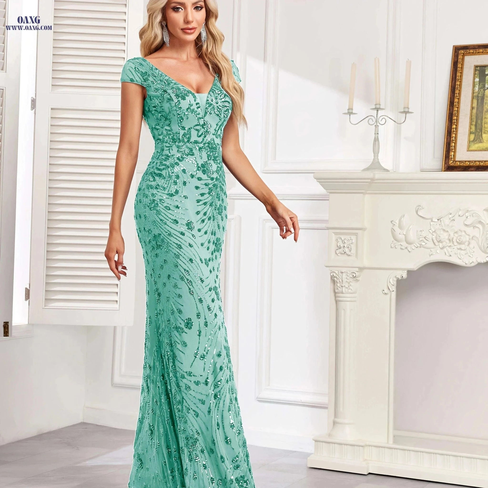 XUIBOL Sleeveless V-Neck Sequin Evening Gown - Elegant Mermaid Dress   OAXG Pink / S