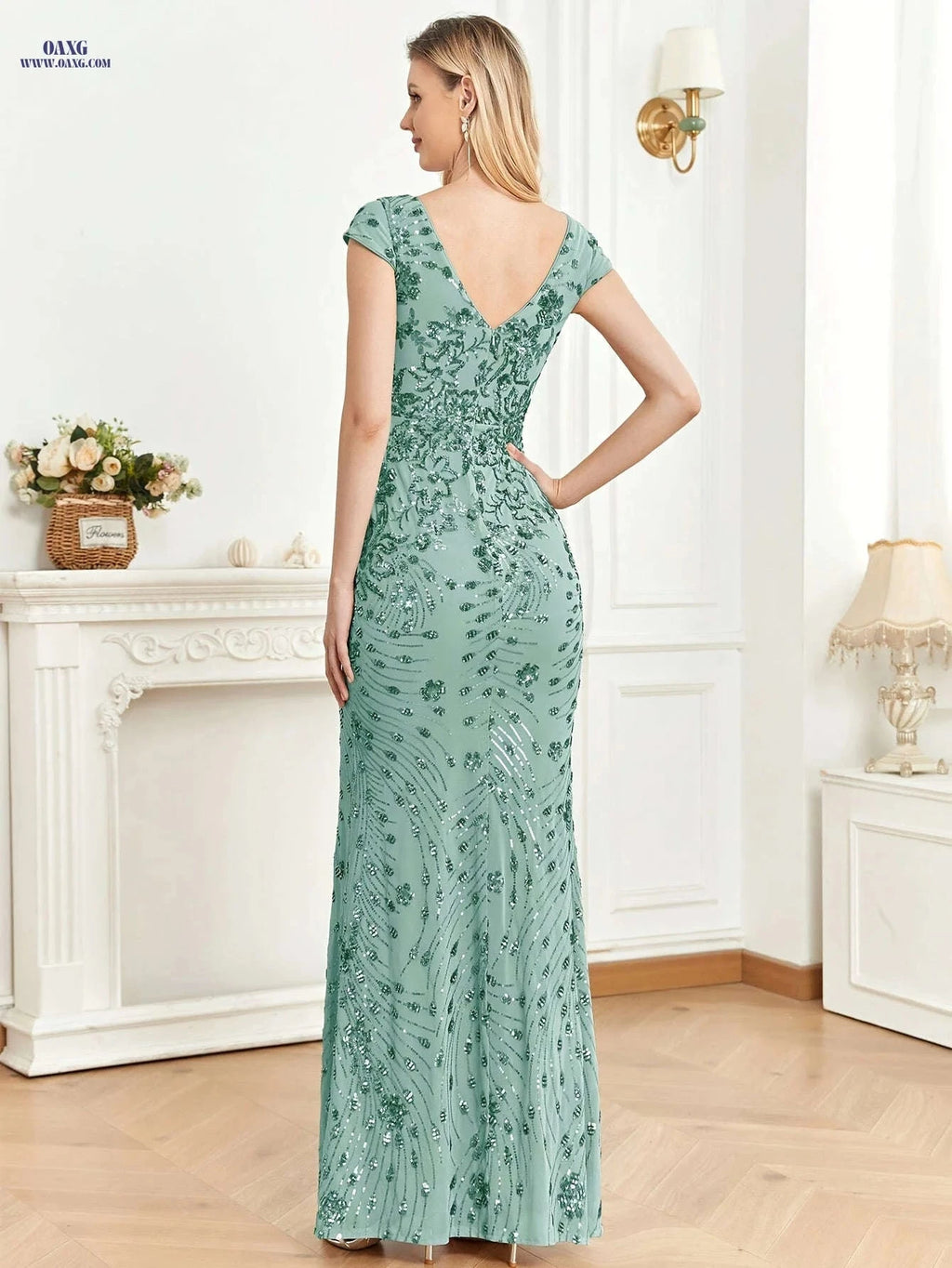 XUIBOL Sleeveless V-Neck Sequin Evening Gown - Elegant Mermaid Dress   OAXG 