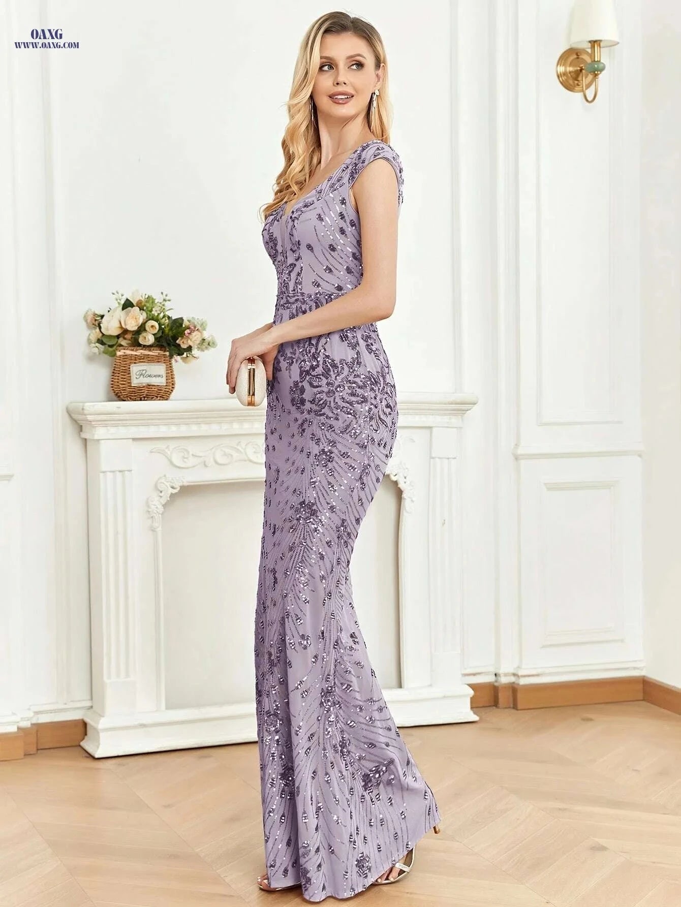 XUIBOL Sleeveless V-Neck Sequined Party Dress - Elegant Fishtail Style   OAXG 