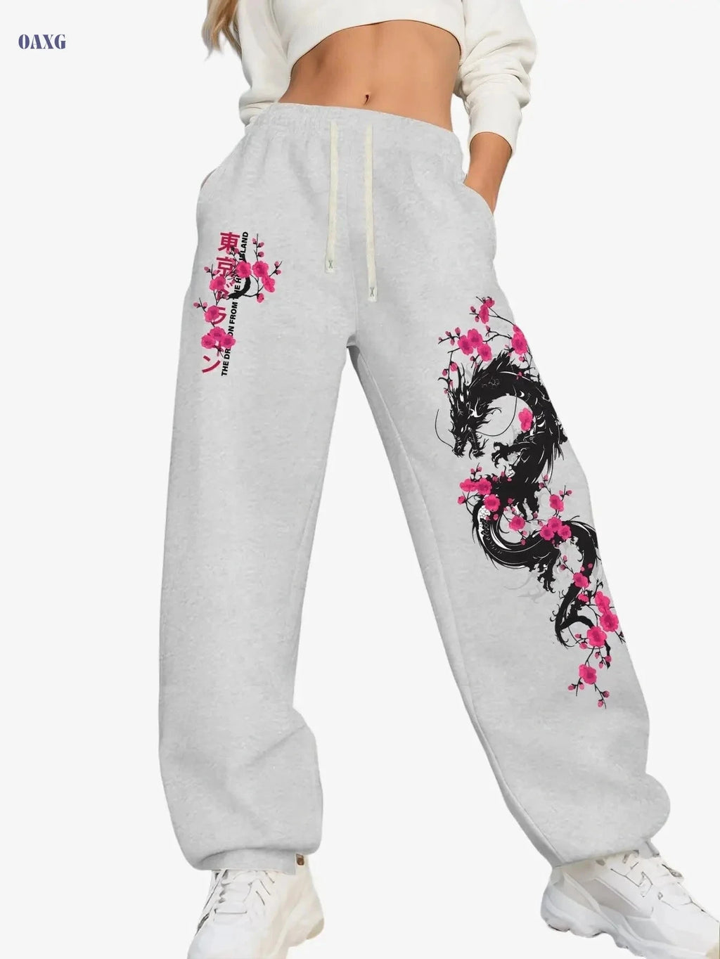 Y2K Cherry Blossom Dragon Print Women's Sports Pants - Casual Fit   OAXG 
