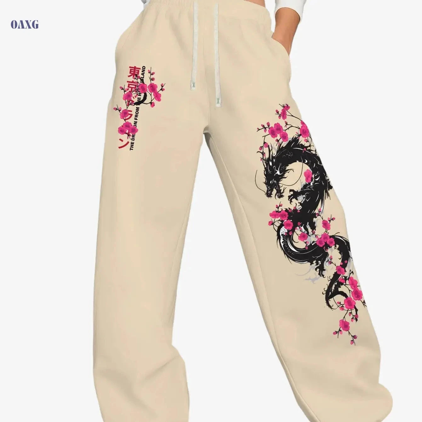 Y2K Cherry Blossom Dragon Print Women's Sports Pants - Casual Fit   OAXG 