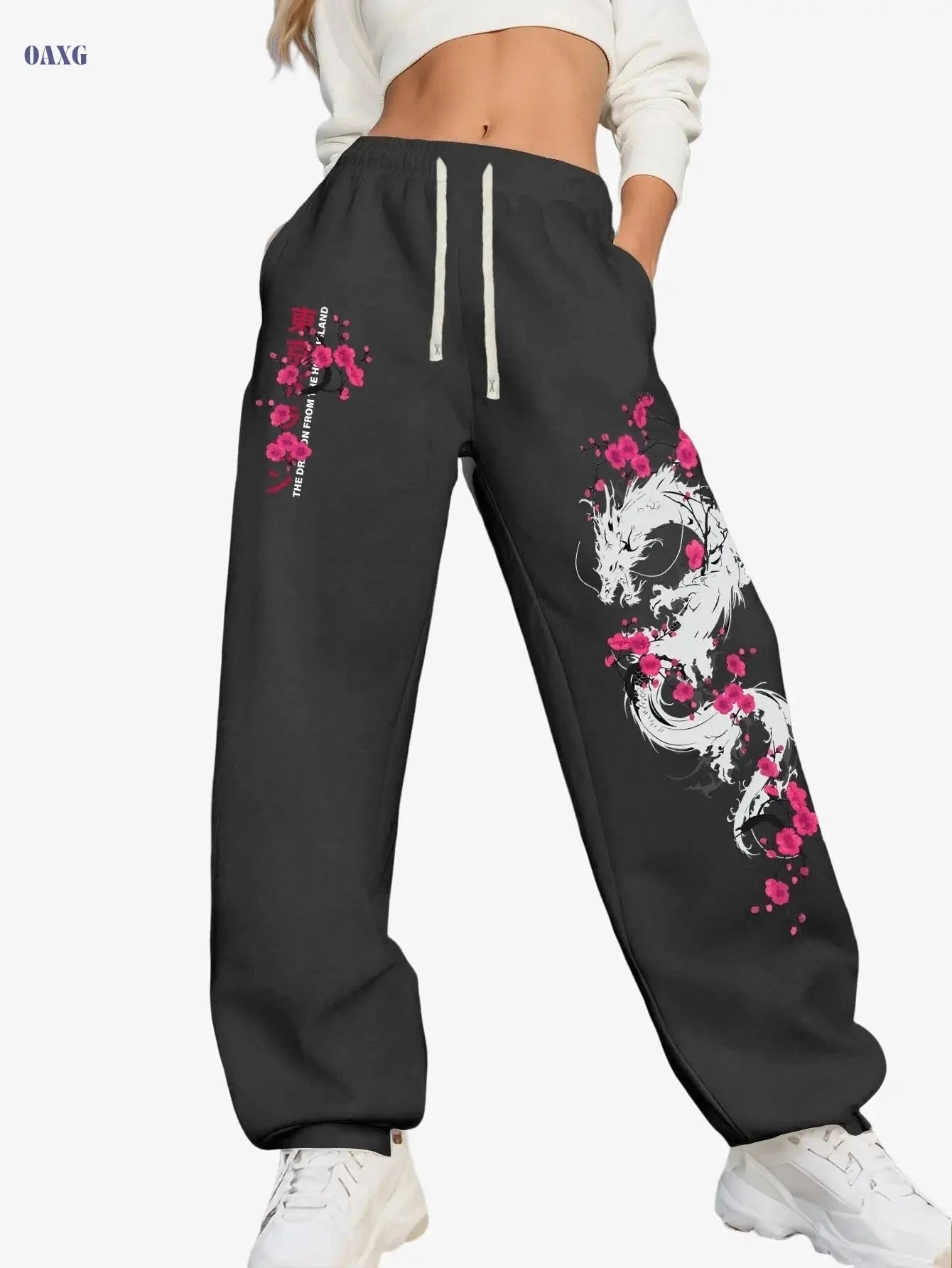 Y2K Cherry Blossom Dragon Print Women's Sports Pants - Casual Fit   OAXG 