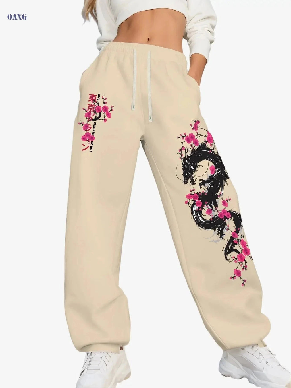 Y2K Cherry Blossom Dragon Print Women's Sports Pants - Casual Fit   OAXG 