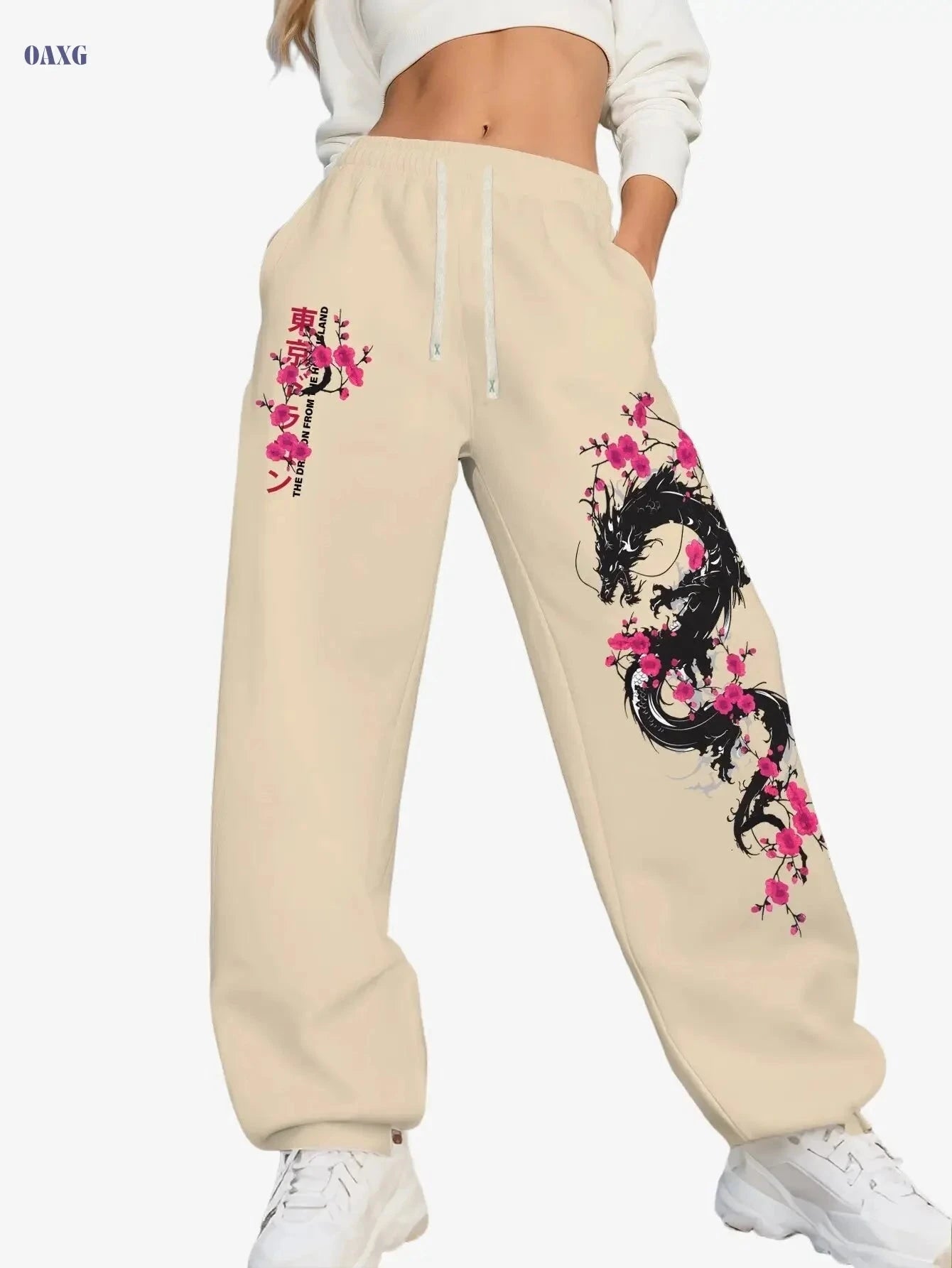 Y2K Cherry Blossom Dragon Print Women's Sports Pants - Casual Fit   OAXG 