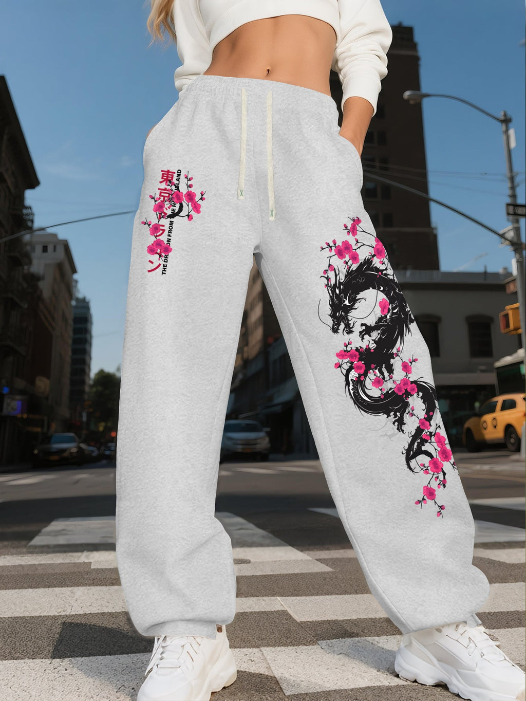 Y2K Cherry Blossom Dragon Print Women's Sports Pants - Casual Fit   OAXG Black / S