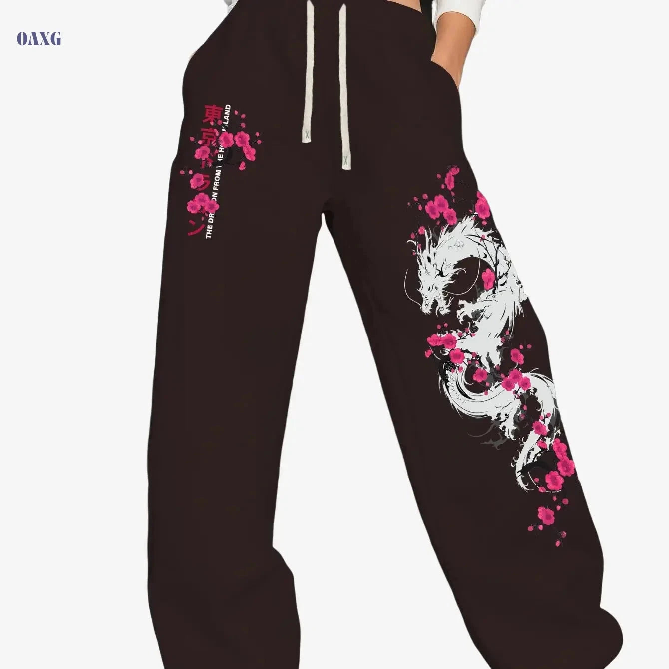 Y2K Cherry Blossom Dragon Print Women's Sports Pants - Casual Fit   OAXG Black / S