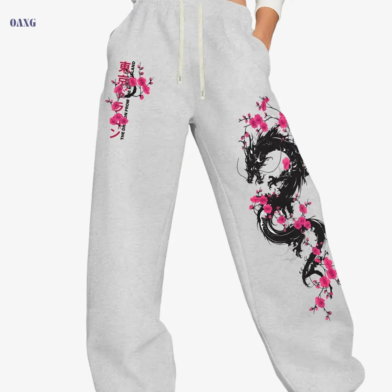Y2K Cherry Blossom Dragon Print Women's Sports Pants - Casual Fit   OAXG 