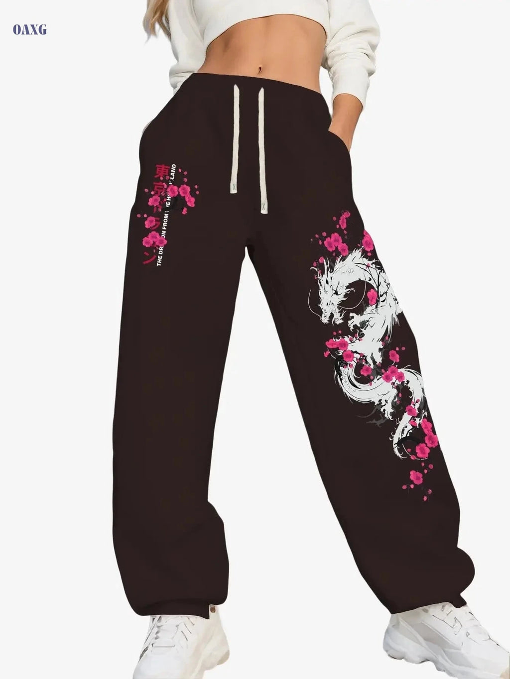 Y2K Cherry Blossom Dragon Print Women's Sports Pants - Casual Fit   OAXG 
