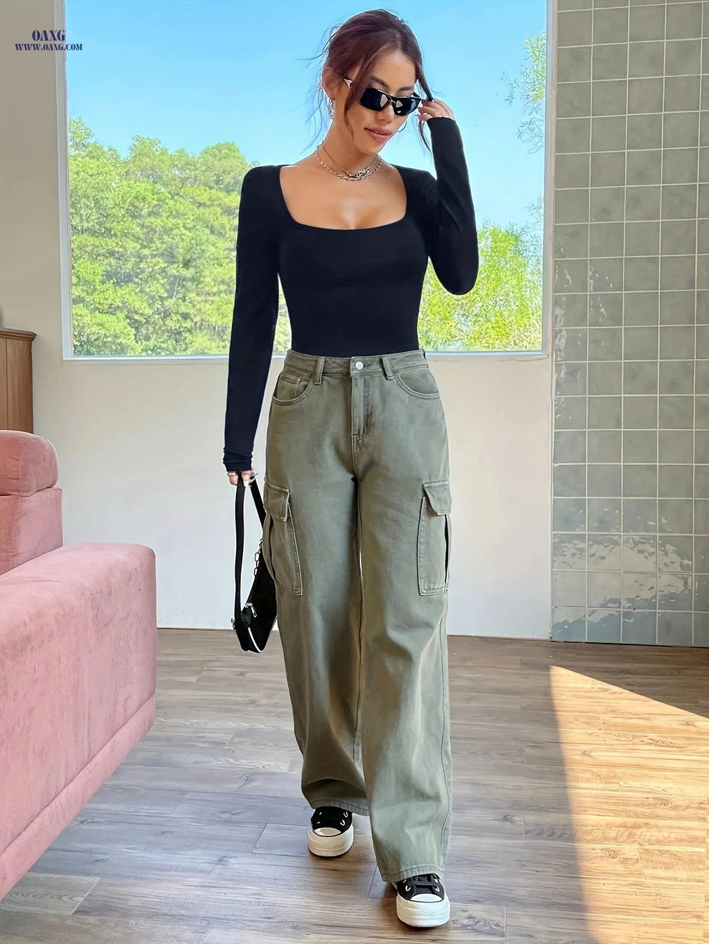Y2K Long Sleeve Bodysuit - Women's Square Neck T-Shirt for Fall/Winter   OAXG Black / XS