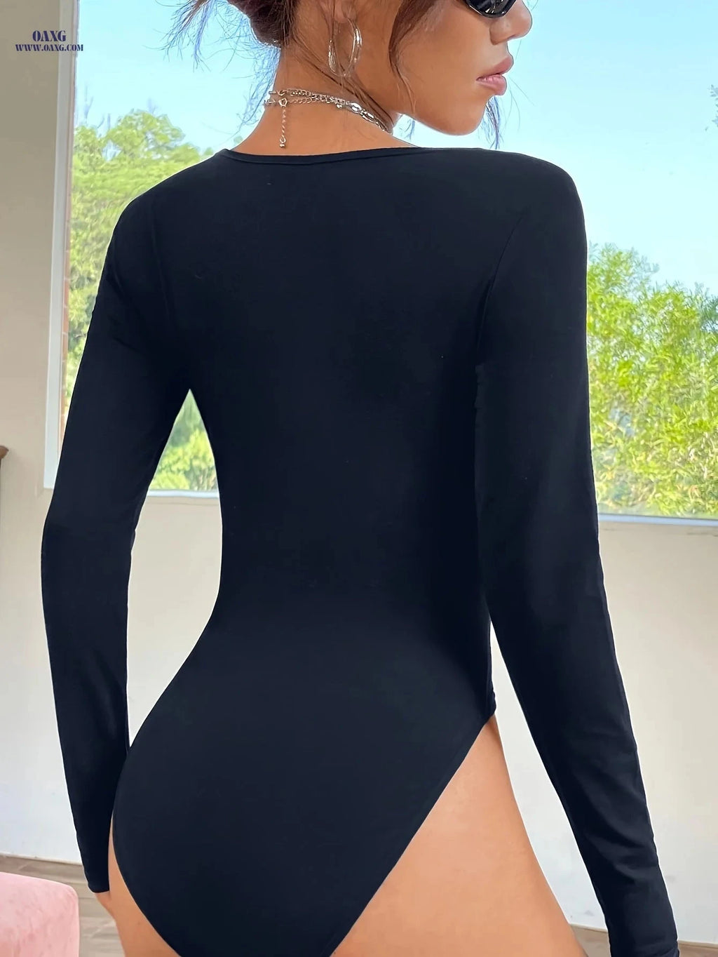 Y2K Long Sleeve Bodysuit - Women's Square Neck T-Shirt for Fall/Winter   OAXG Black / XS