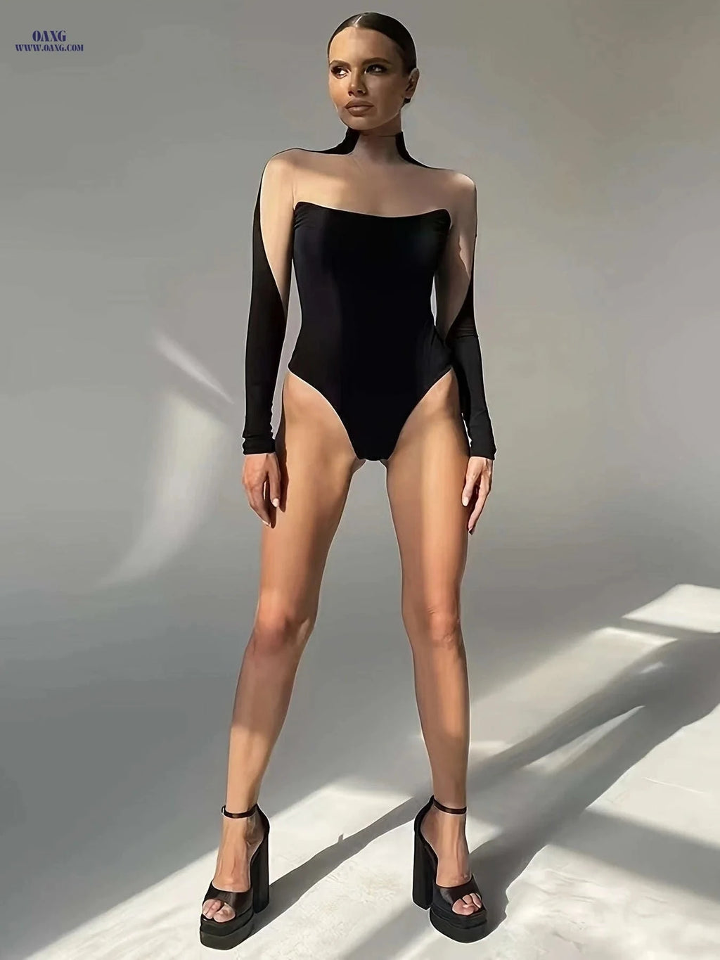 Y2K Long Sleeve Mesh Mock Neck Bodysuit - Women's Spring Style   OAXG Black / S