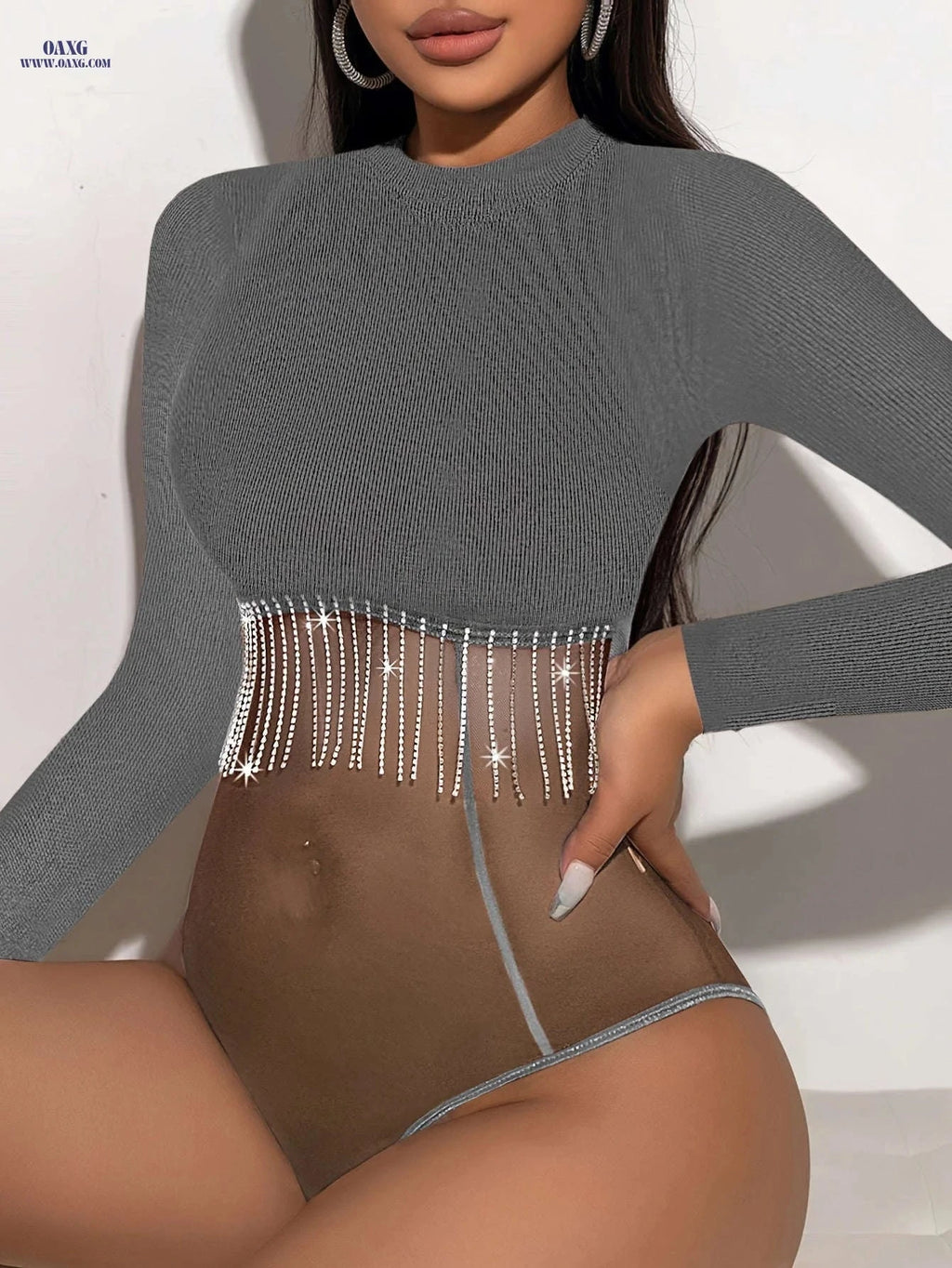 Y2K Ribbed Long Sleeve Bodysuit - Slim Fit with Tassel Detail   OAXG 