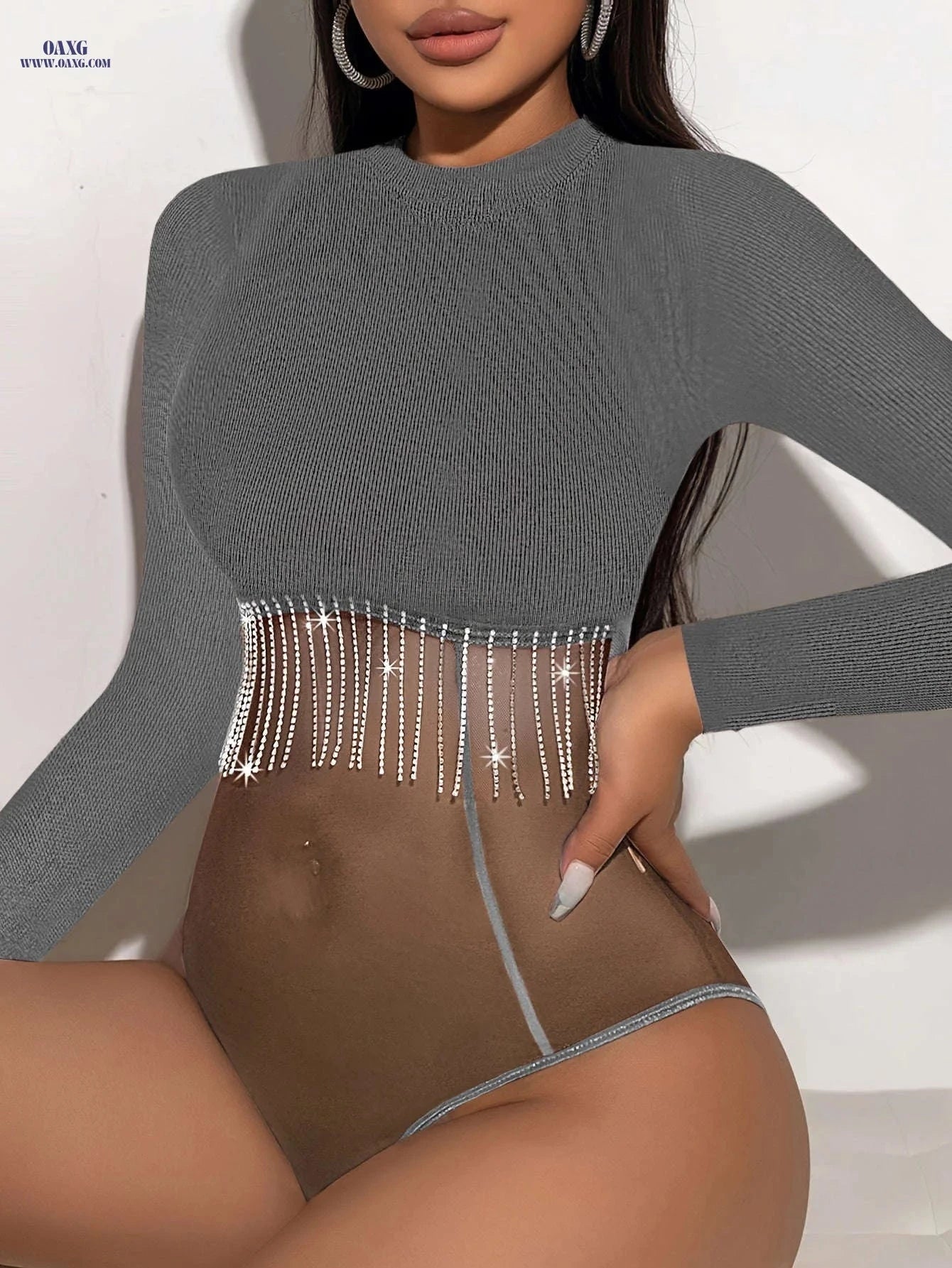 Y2K Ribbed Long Sleeve Bodysuit - Slim Fit with Tassel Detail   OAXG 