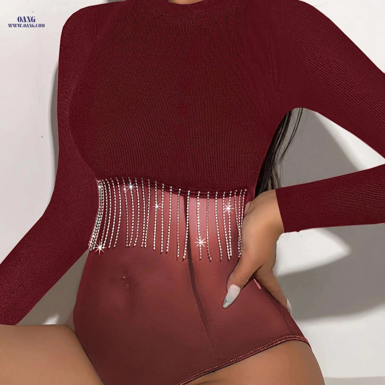 Y2K Ribbed Long Sleeve Bodysuit - Slim Fit with Tassel Detail   OAXG 