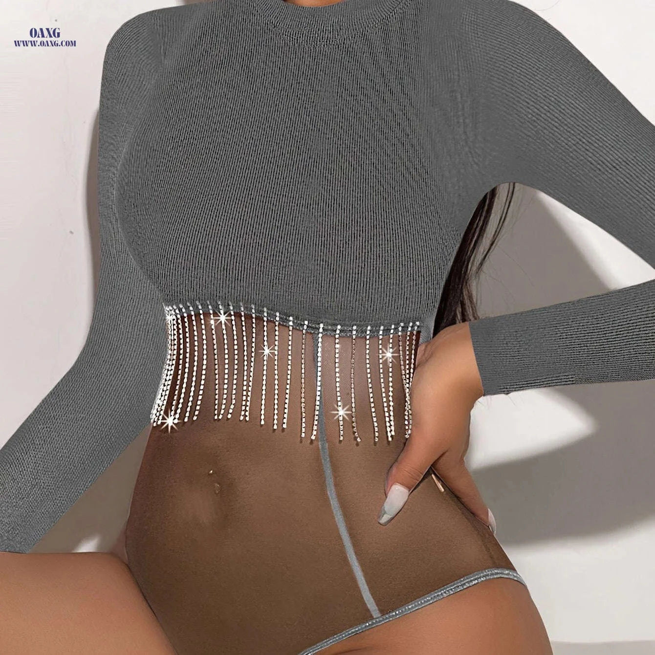 Y2K Ribbed Long Sleeve Bodysuit - Slim Fit with Tassel Detail   OAXG Black / S