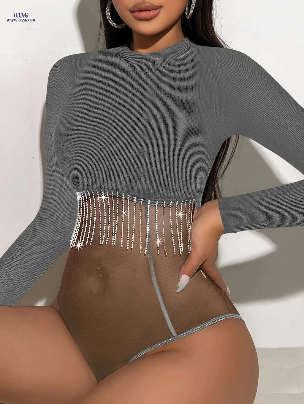 Y2K Ribbed Long Sleeve Bodysuit - Sparkling Chain & Tassel Detail   OAXG Black / S