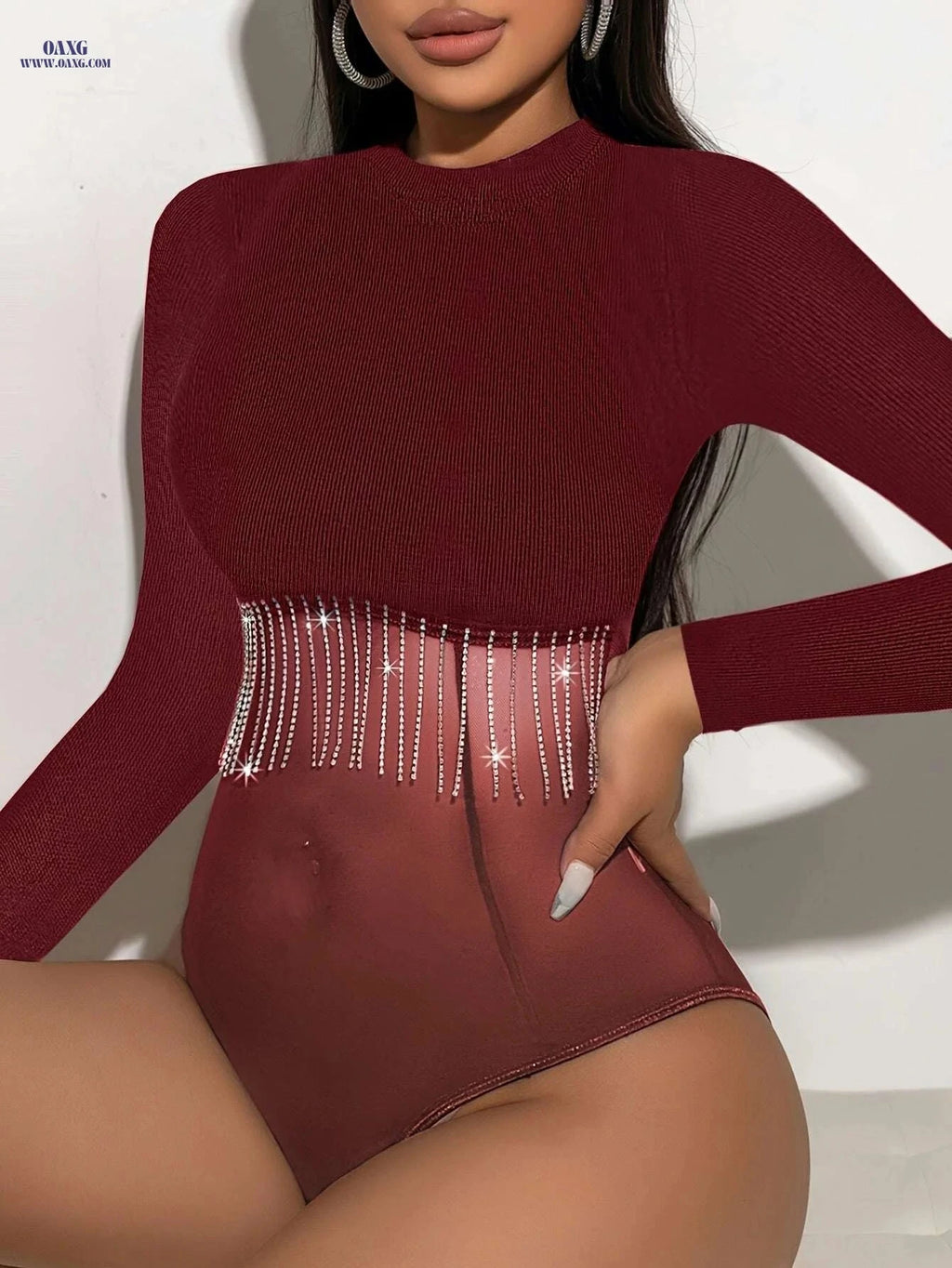 Y2K Ribbed Long Sleeve Bodysuit - Sparkling Chain & Tassel Detail   OAXG Black / S