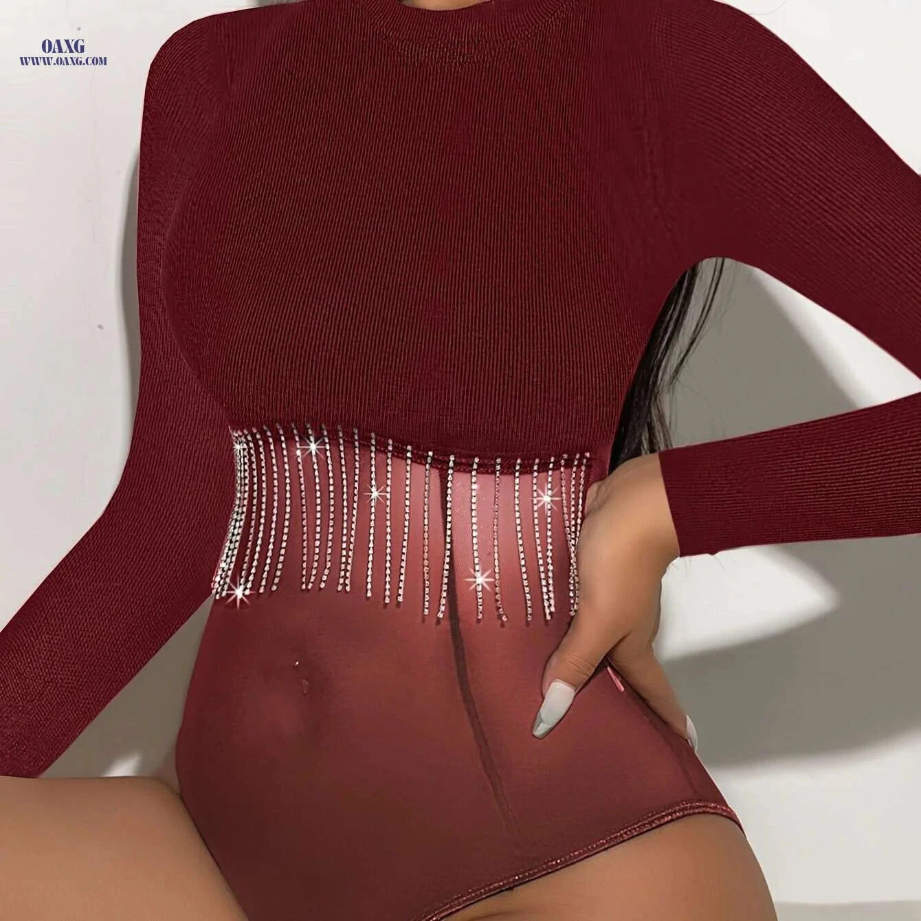 Y2K Ribbed Long Sleeve Bodysuit - Sparkling Chain & Tassel Detail   OAXG Black / S