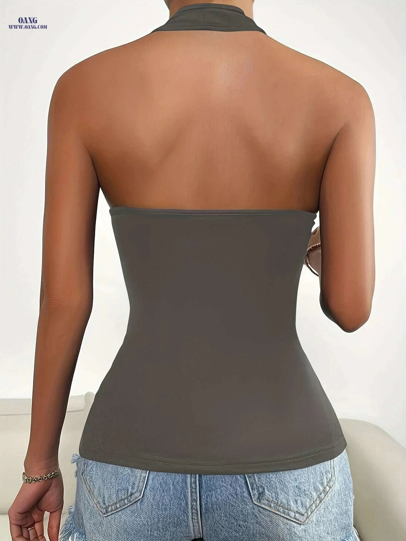 Y2K Solid Color Halter Neck Tank Top - Zipper Front Sleeveless Style   OAXG 