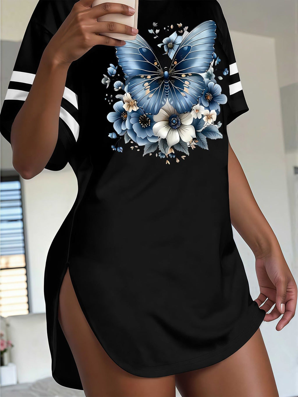 Y2K Streetwear Striped Color Block Drop Shoulder Side Slit Tee   OAXG Black / S