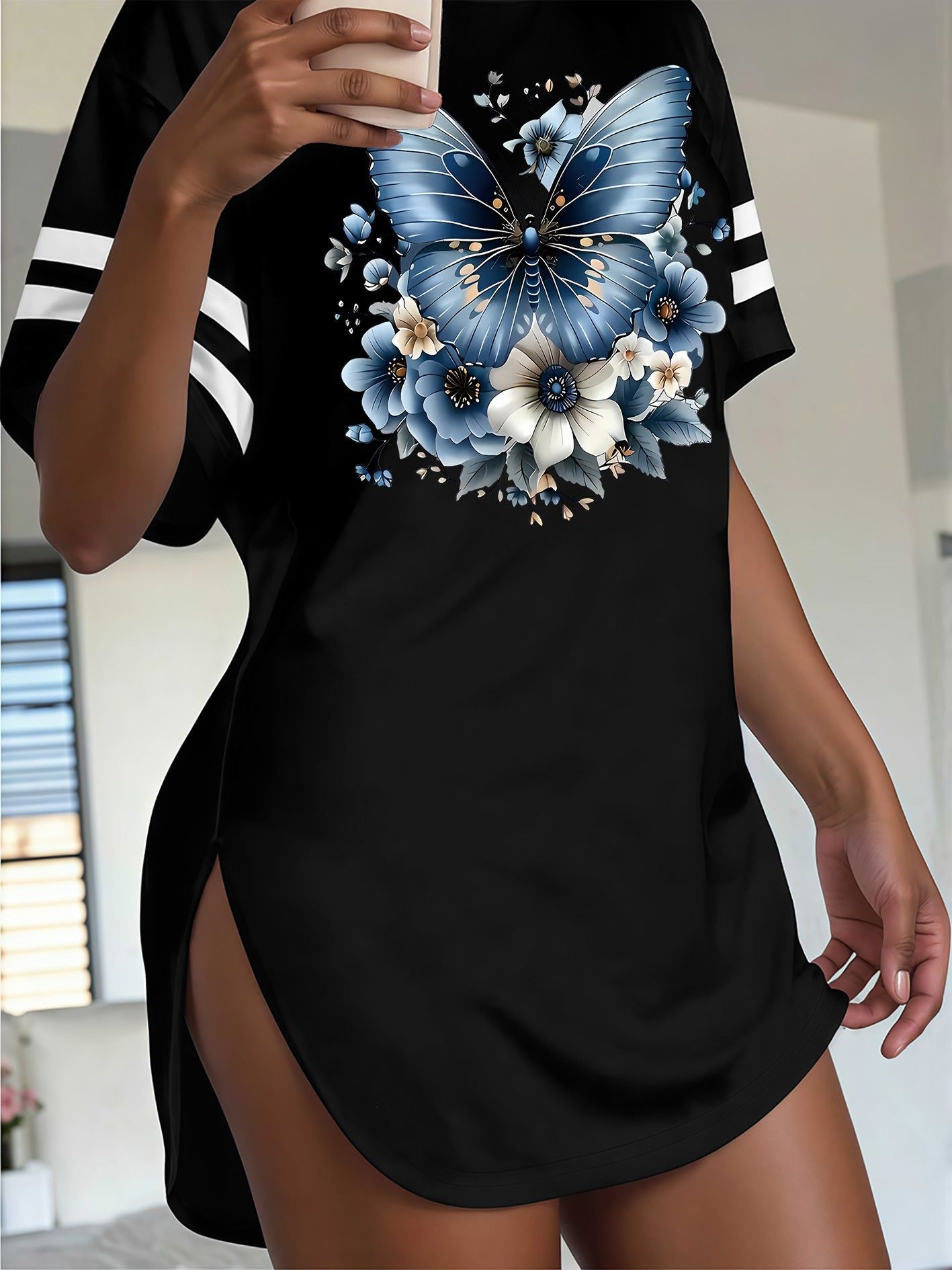 Y2K Streetwear Striped Color Block Drop Shoulder Side Slit Tee   OAXG Black / S