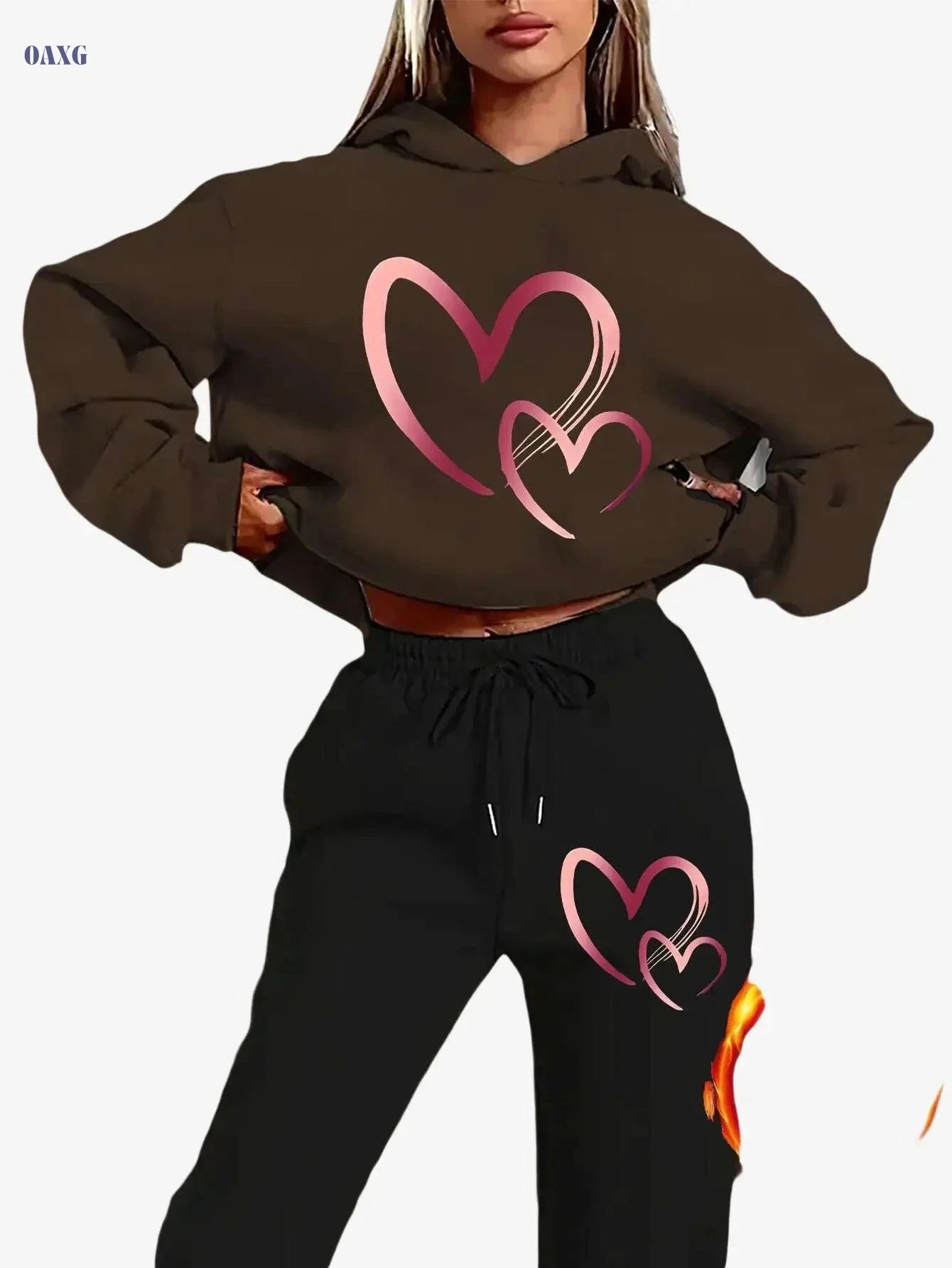 Y2K Style Women's Casual Set - Pink Heart Print Hoodie & Sweatpants   OAXG 