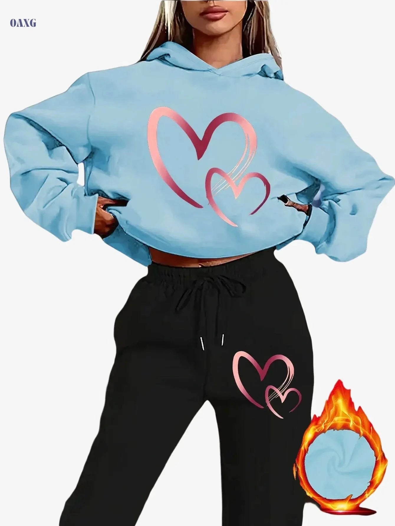Y2K Style Women's Casual Set - Pink Heart Print Hoodie & Sweatpants   OAXG Coffee+Black / XXL