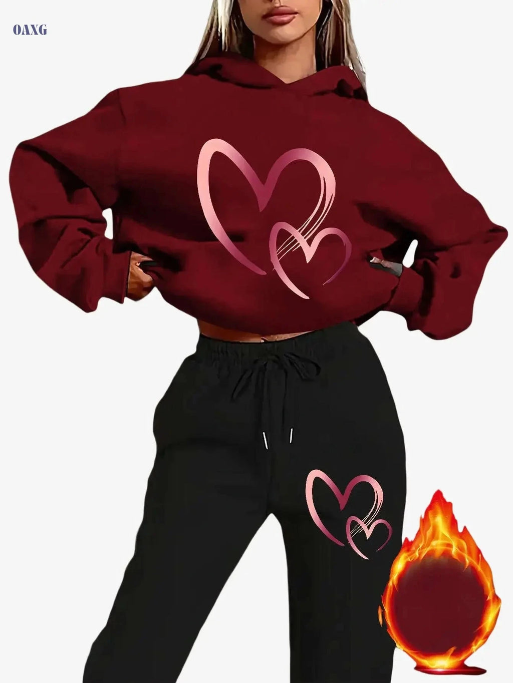 Y2K Style Women's Casual Set - Pink Heart Print Hoodie & Sweatpants   OAXG Coffee+Black / XXL