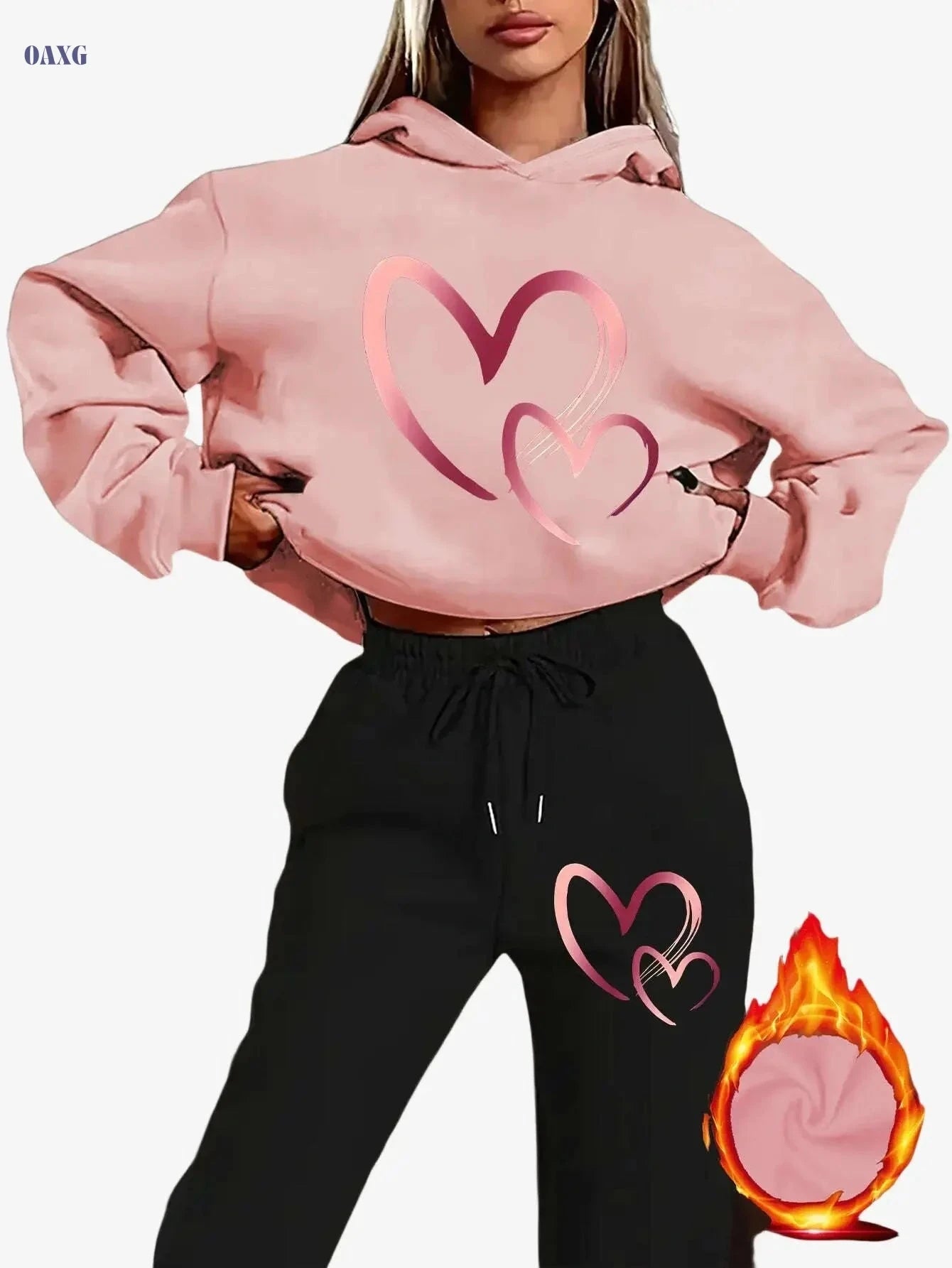 Y2K Style Women's Casual Set - Pink Heart Print Hoodie & Sweatpants   OAXG 