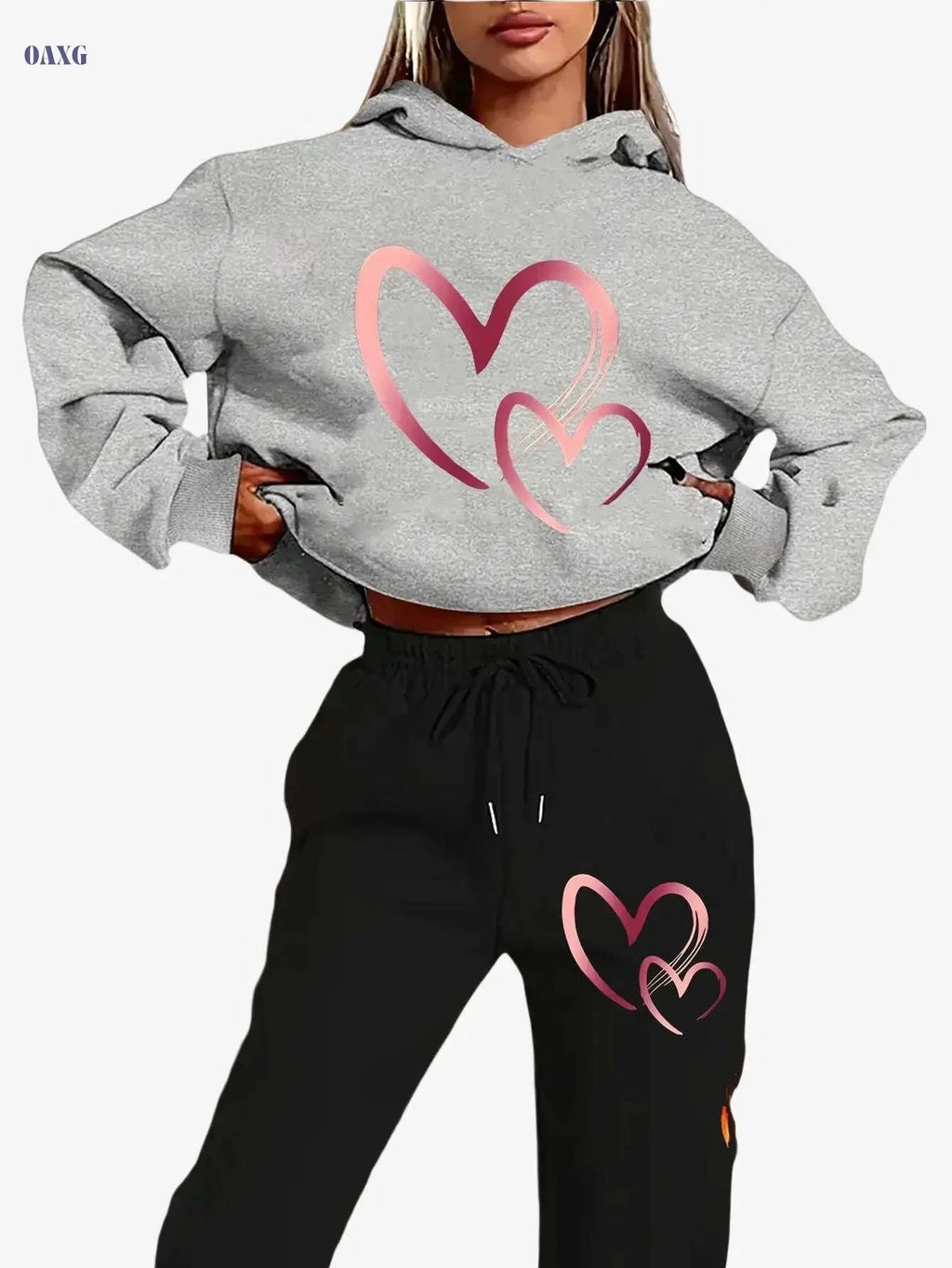 Y2K Style Women's Casual Set - Pink Heart Print Hoodie & Sweatpants   OAXG 