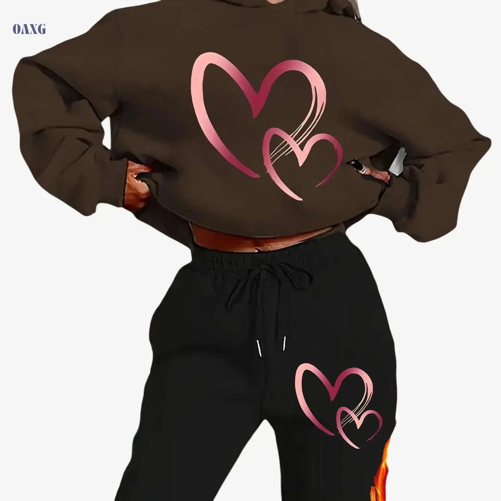 Y2K Style Women's Casual Set - Pink Heart Print Hoodie & Sweatpants   OAXG 