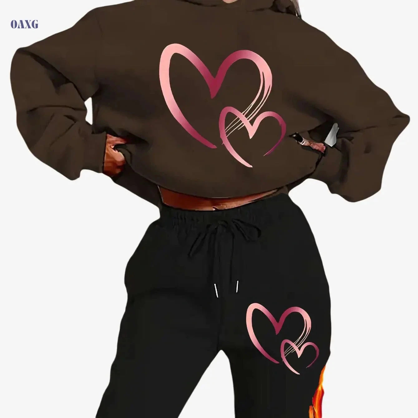 Y2K Style Women's Casual Set - Pink Heart Print Hoodie & Sweatpants   OAXG 