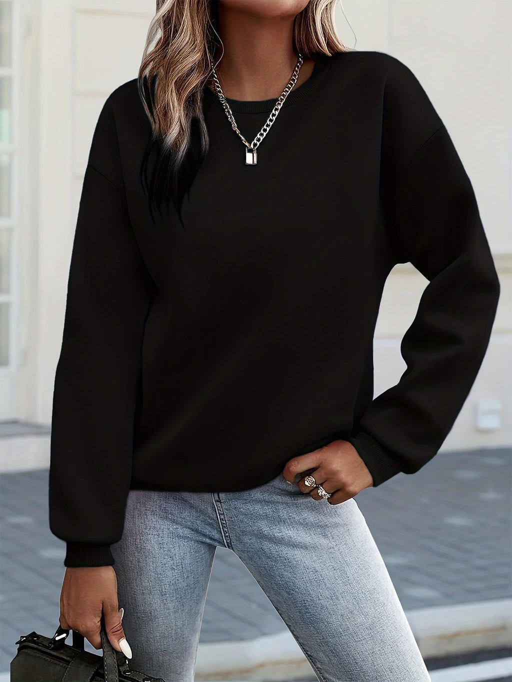 Y2K Women'S Fashion Solid Color Casual Comfortable Sweatshirt 2025 Autumn Winter New Drop Shoulder Round Neck Long Sleeve Drop Shoulder Hoodie, Pullover Top Women'S Clothing   OAXG Black / S