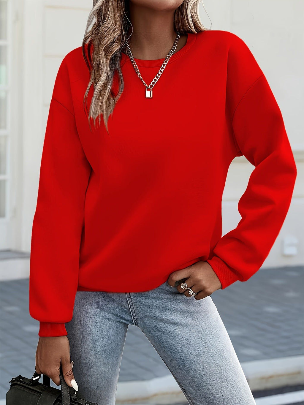 Y2K Women'S Fashion Solid Color Casual Comfortable Sweatshirt 2025 Autumn Winter New Drop Shoulder Round Neck Long Sleeve Drop Shoulder Hoodie, Pullover Top Women'S Clothing   OAXG Black / S