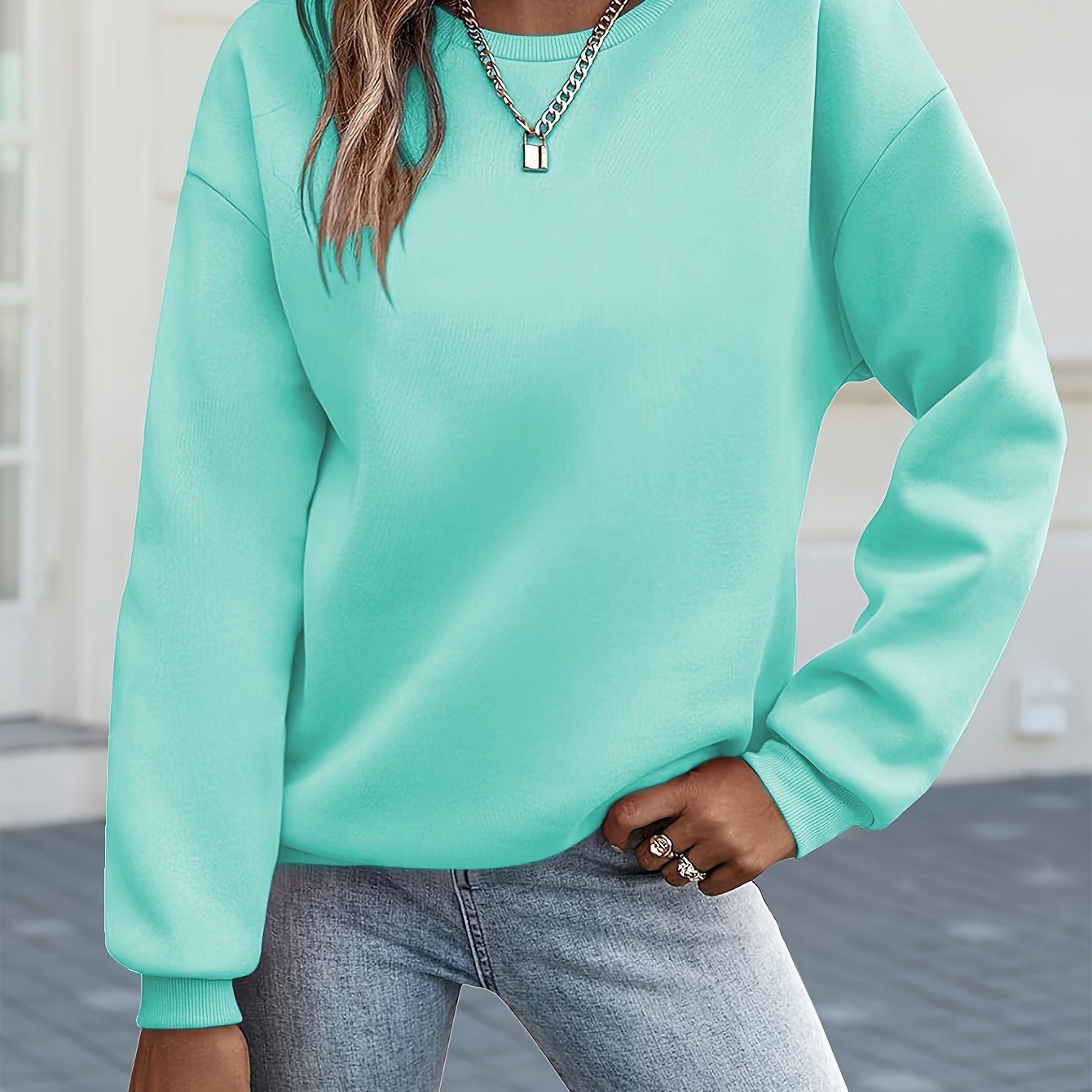 Y2K Women's Fashion Solid Color Casual Comfortable Sweatshirt, 2025 Fall/Winter New Drop Shoulder Crew Neck Long Sleeve Drop Shoulder Sweatshirt, Pullover Top for Women   OAXG Burgundy / XS