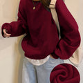 Y2K Women's Fashion Solid Color Casual Comfortable Sweatshirt, 2025 Fall/Winter New Drop Shoulder Crew Neck Long Sleeve Drop Shoulder Sweatshirt, Pullover Top for Women   OAXG Burgundy / XS