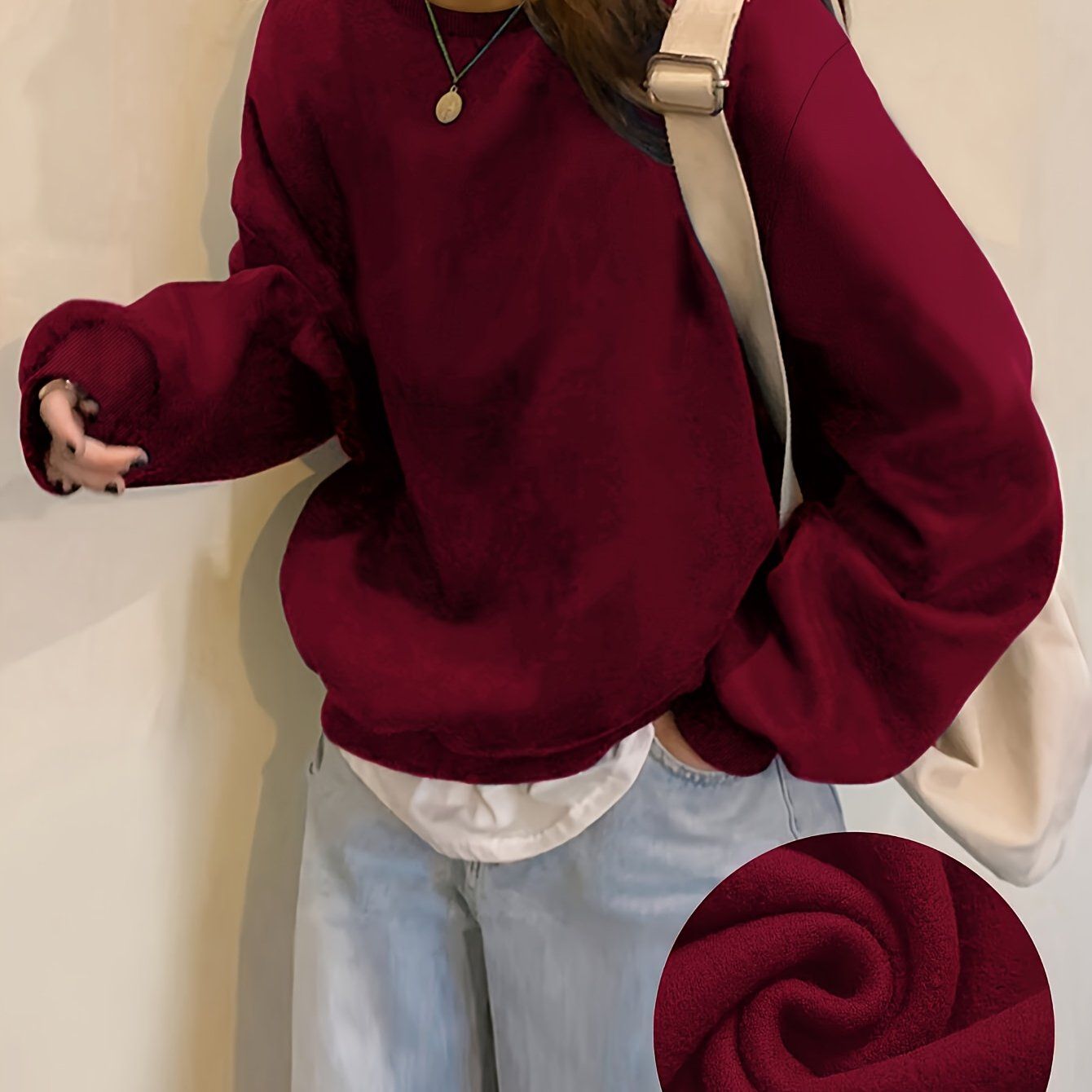 Y2K Women's Fashion Solid Color Casual Comfortable Sweatshirt, 2025 Fall/Winter New Drop Shoulder Crew Neck Long Sleeve Drop Shoulder Sweatshirt, Pullover Top for Women   OAXG Burgundy / XS