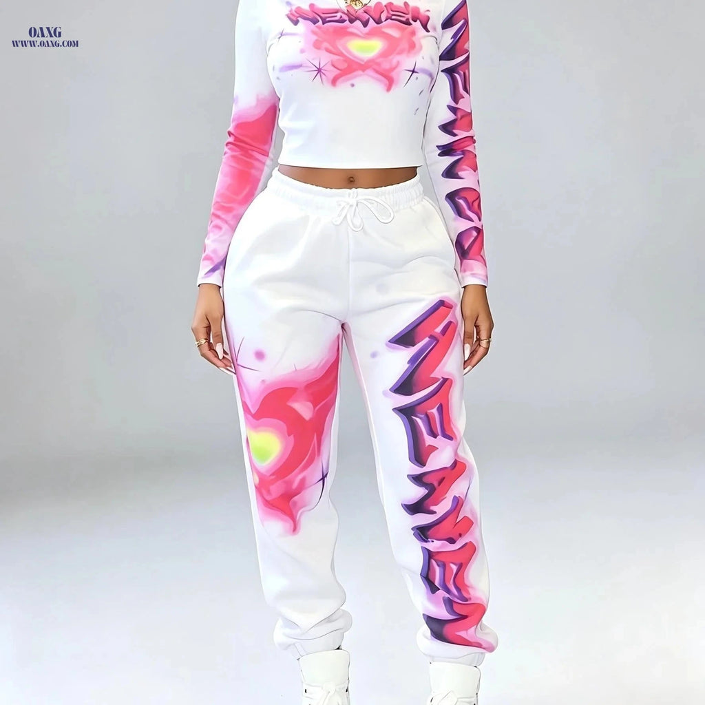 Y2K Women's Heart Top & Skinny Pants Set - Casual Long Sleeve   OAXG Light White+Pink / S