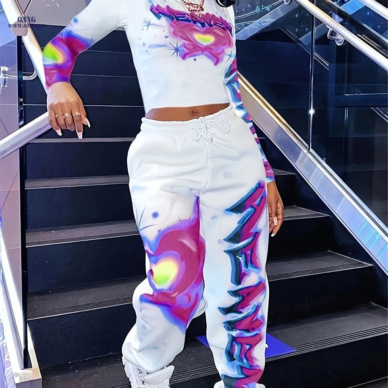 Y2K Women's Heart Top & Skinny Pants Set - Casual Long Sleeve   OAXG Light White+Pink / S