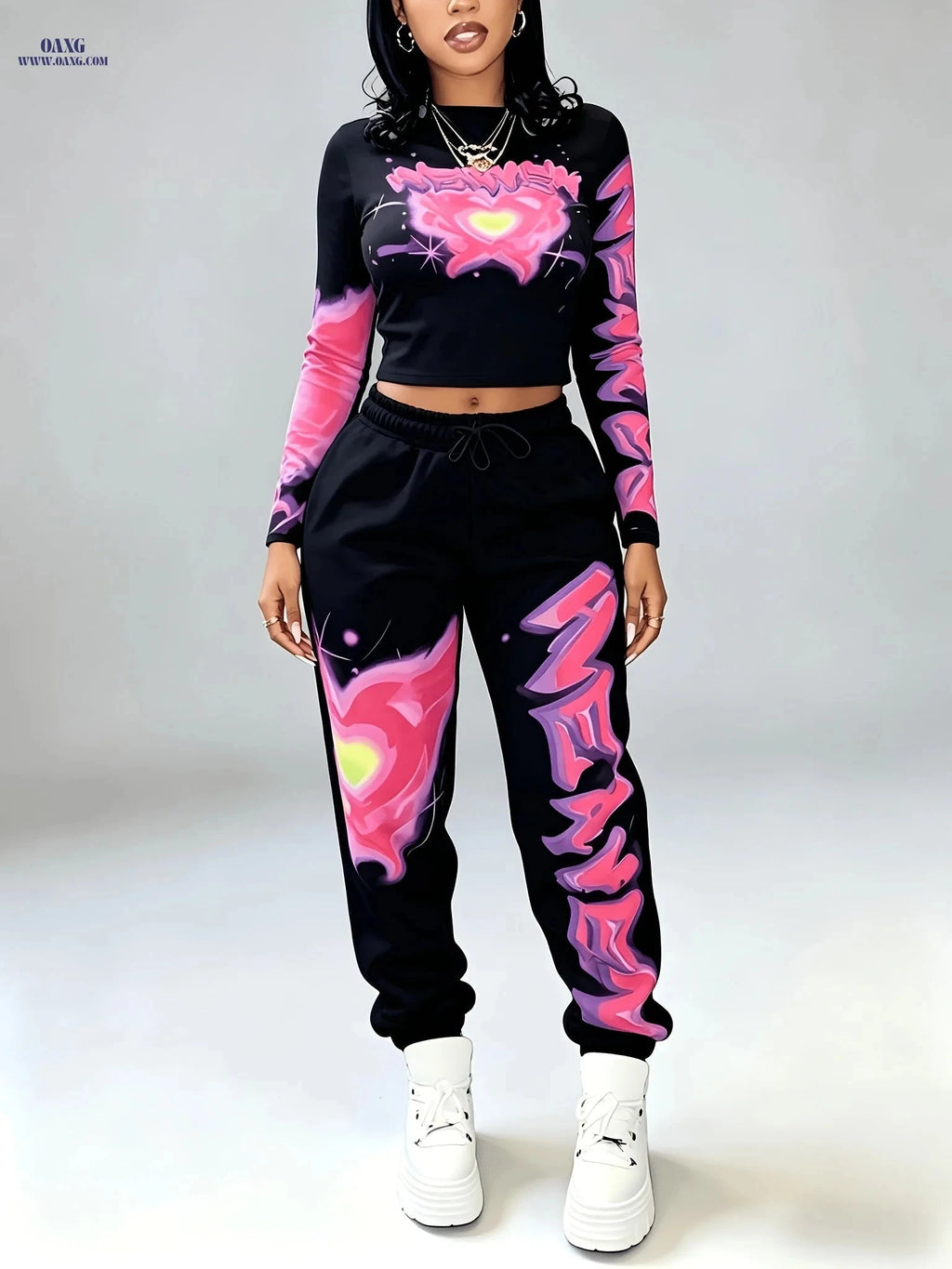 Y2K Women's Heart Top & Skinny Pants Set - Casual Long Sleeve   OAXG Light White+Pink / S
