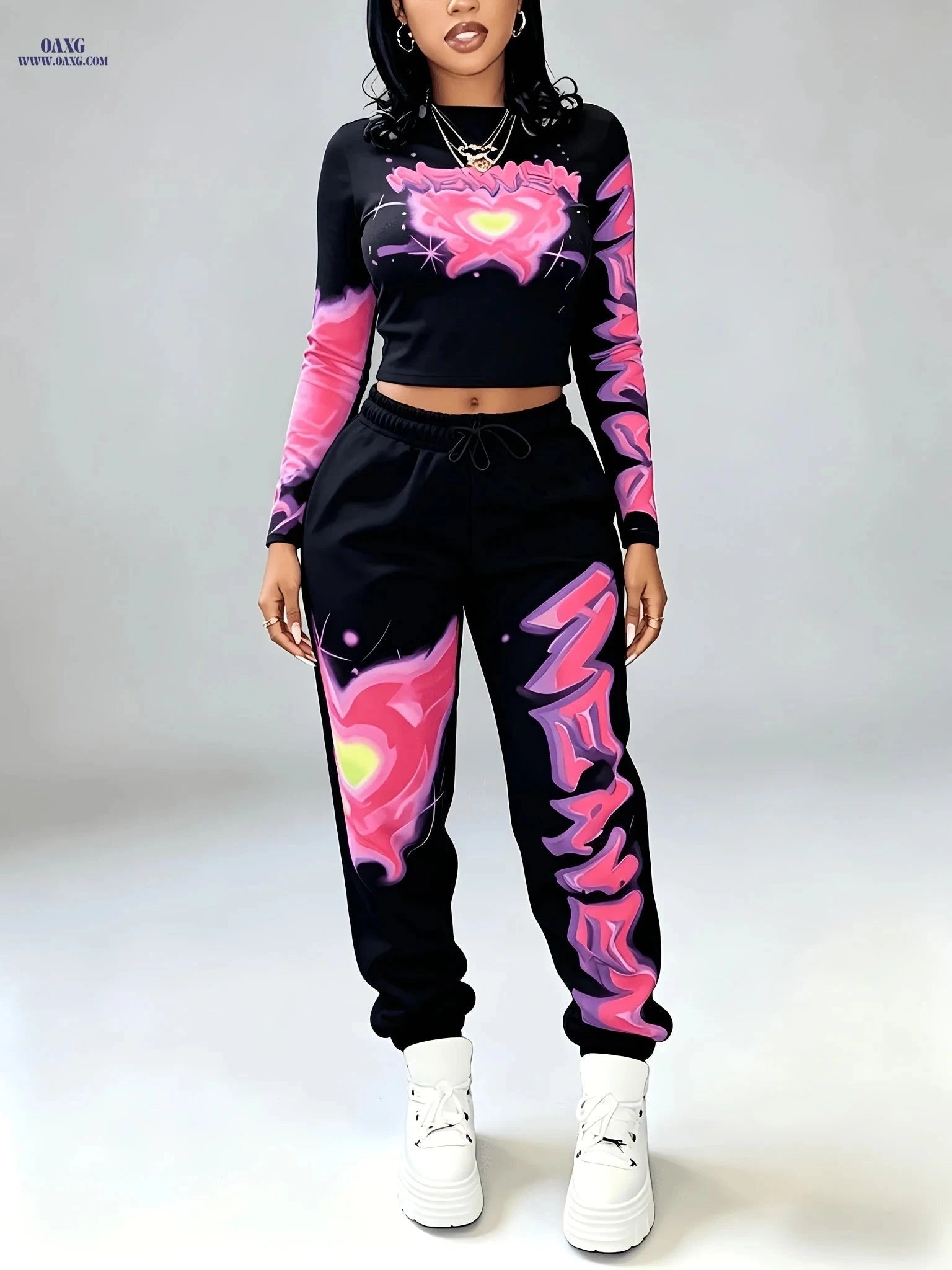 Y2K Women's Heart Top & Skinny Pants Set - Casual Long Sleeve   OAXG Light White+Pink / S