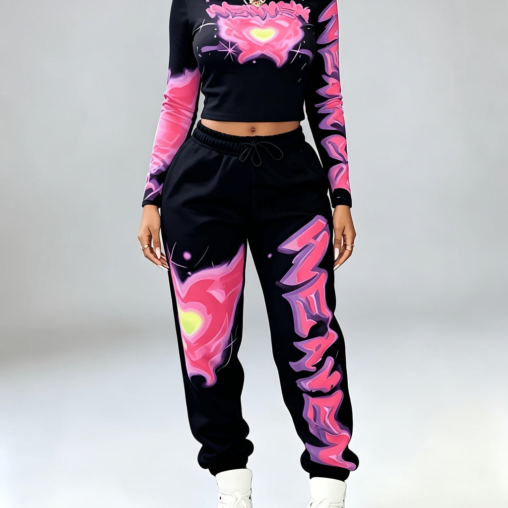 Y2K Women's Heart Top & Skinny Pants Set - Casual Long Sleeve   OAXG Light White+Pink / S