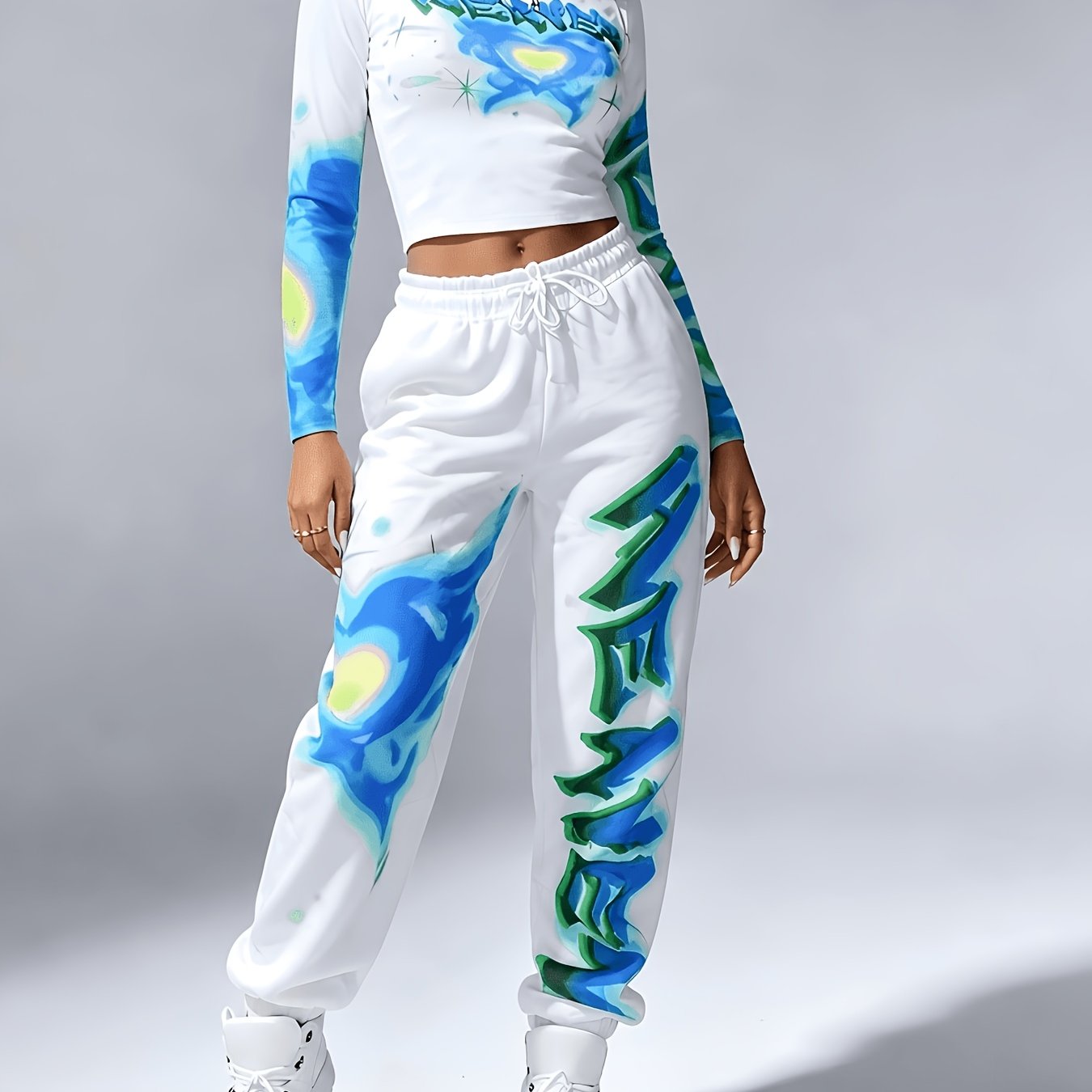 Y2K Women's Heart Top & Skinny Pants Set - Casual Long Sleeve   OAXG Light White+Pink / S