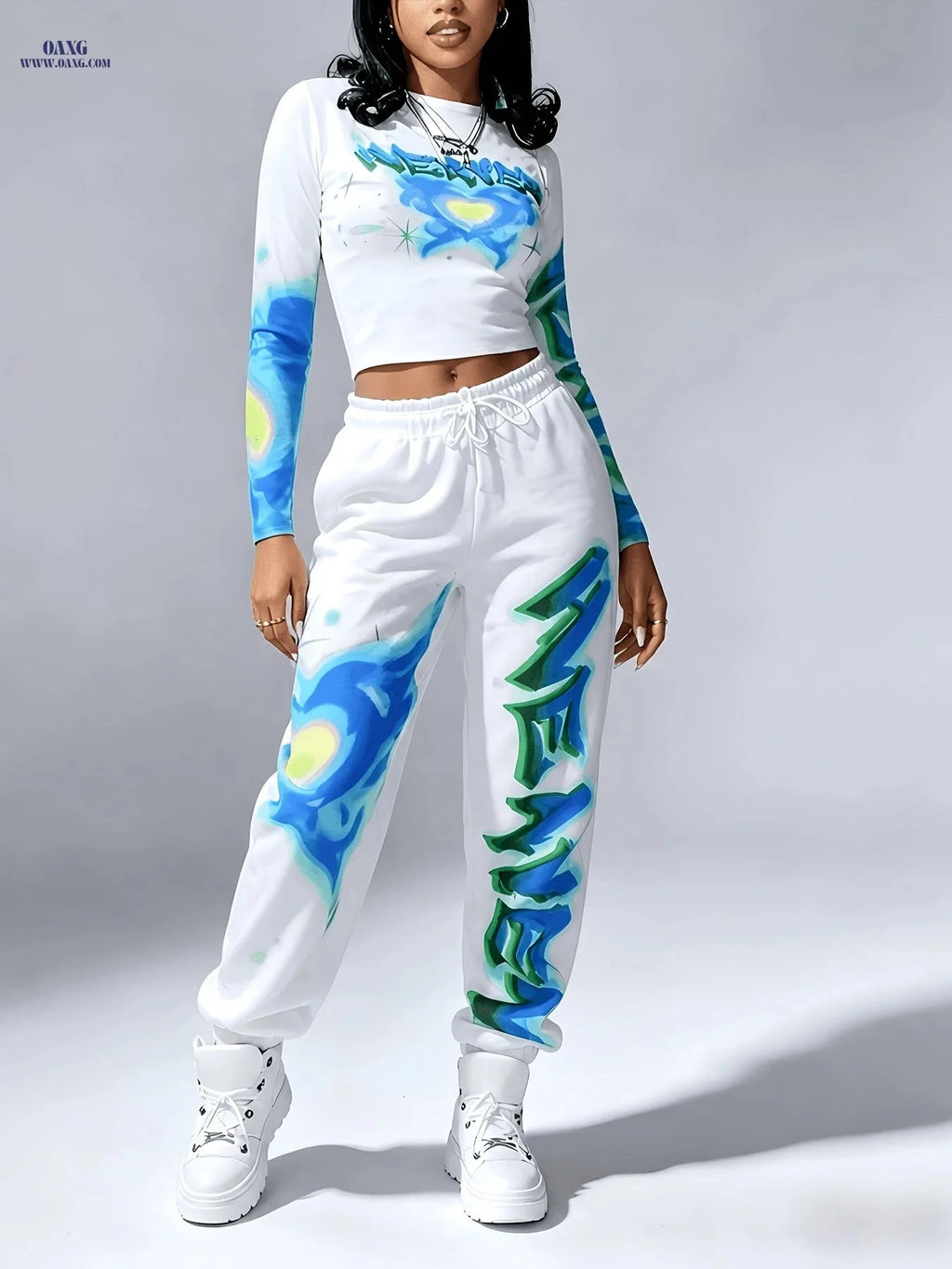 Y2K Women's Heart Top & Skinny Pants Set - Casual Long Sleeve   OAXG Light White+Pink / S