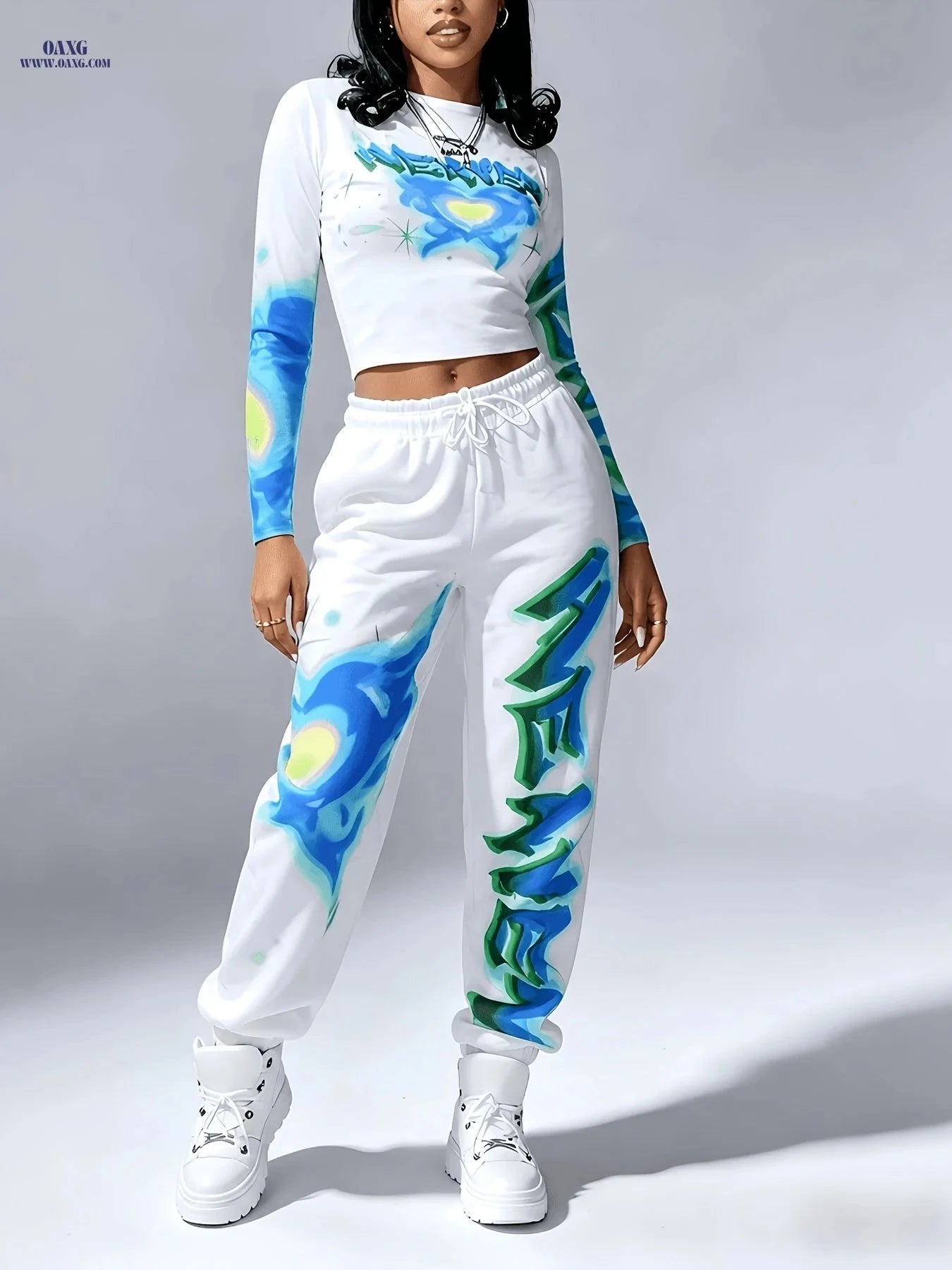Y2K Women's Heart Top & Skinny Pants Set - Casual Long Sleeve   OAXG Light White+Pink / S