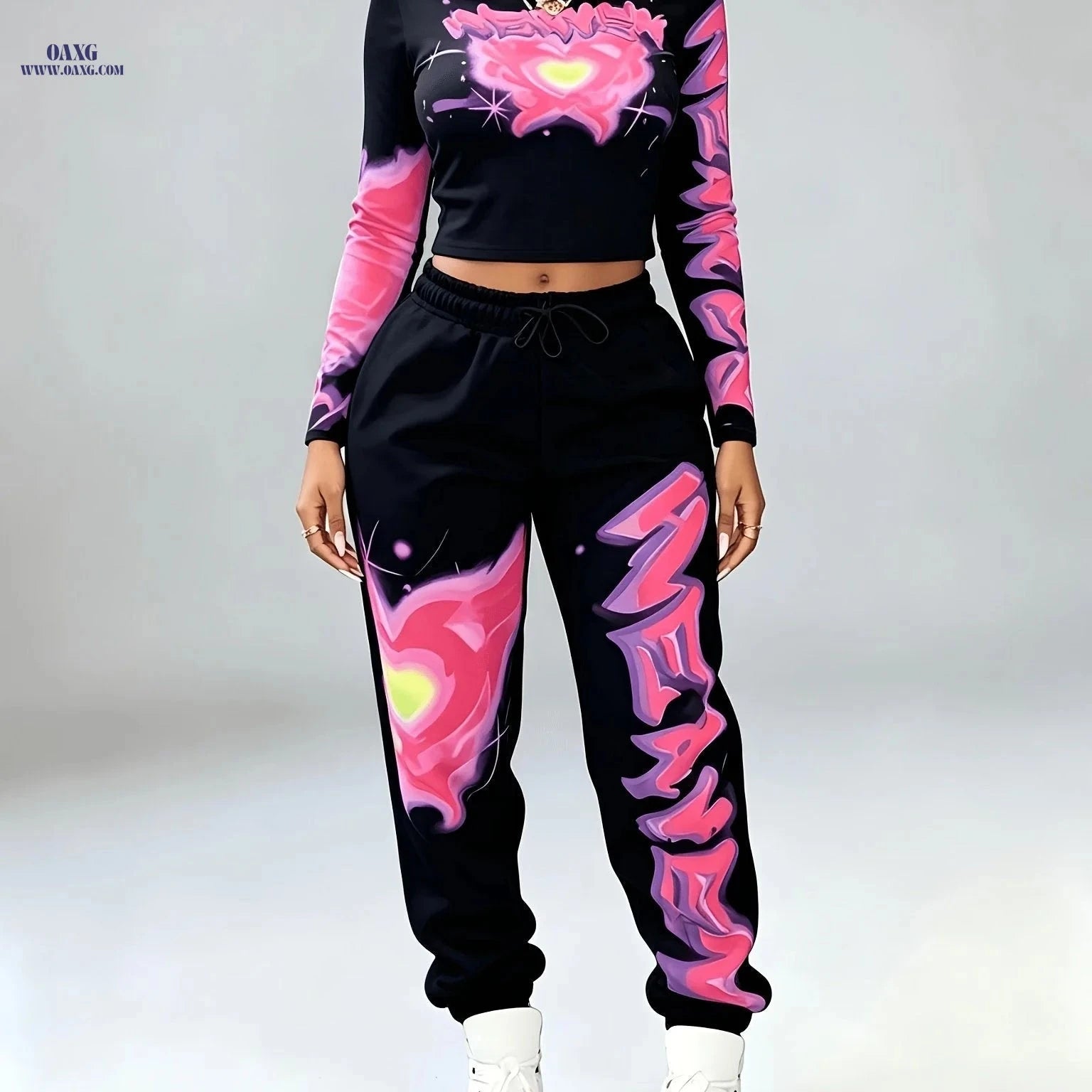 Y2K Women's Heart Top & Skinny Pants Set - Casual Long Sleeve   OAXG Light White+Pink / S