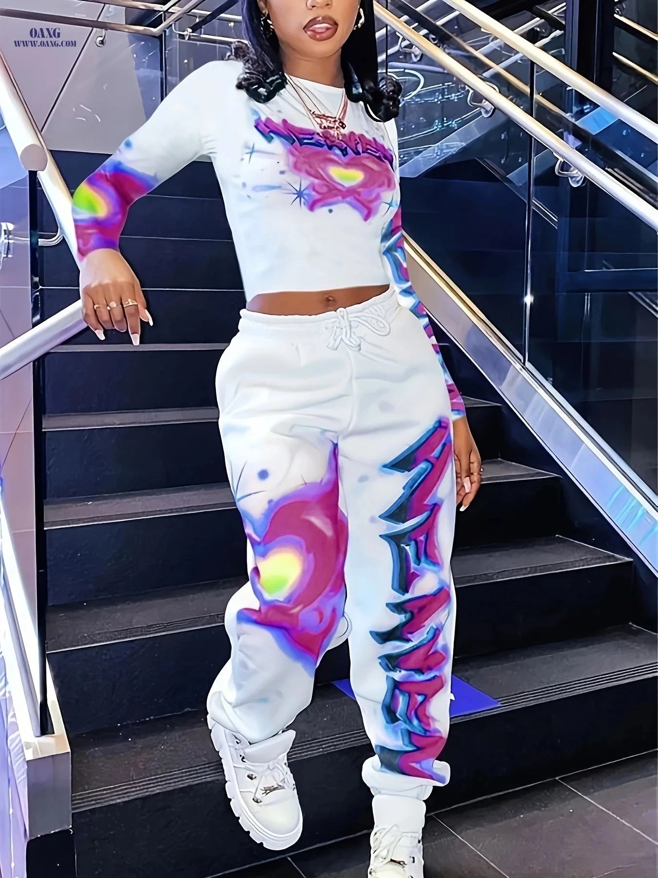 Y2K Women's Heart Top & Skinny Pants Set - Casual Long Sleeve   OAXG Light White+Pink / S