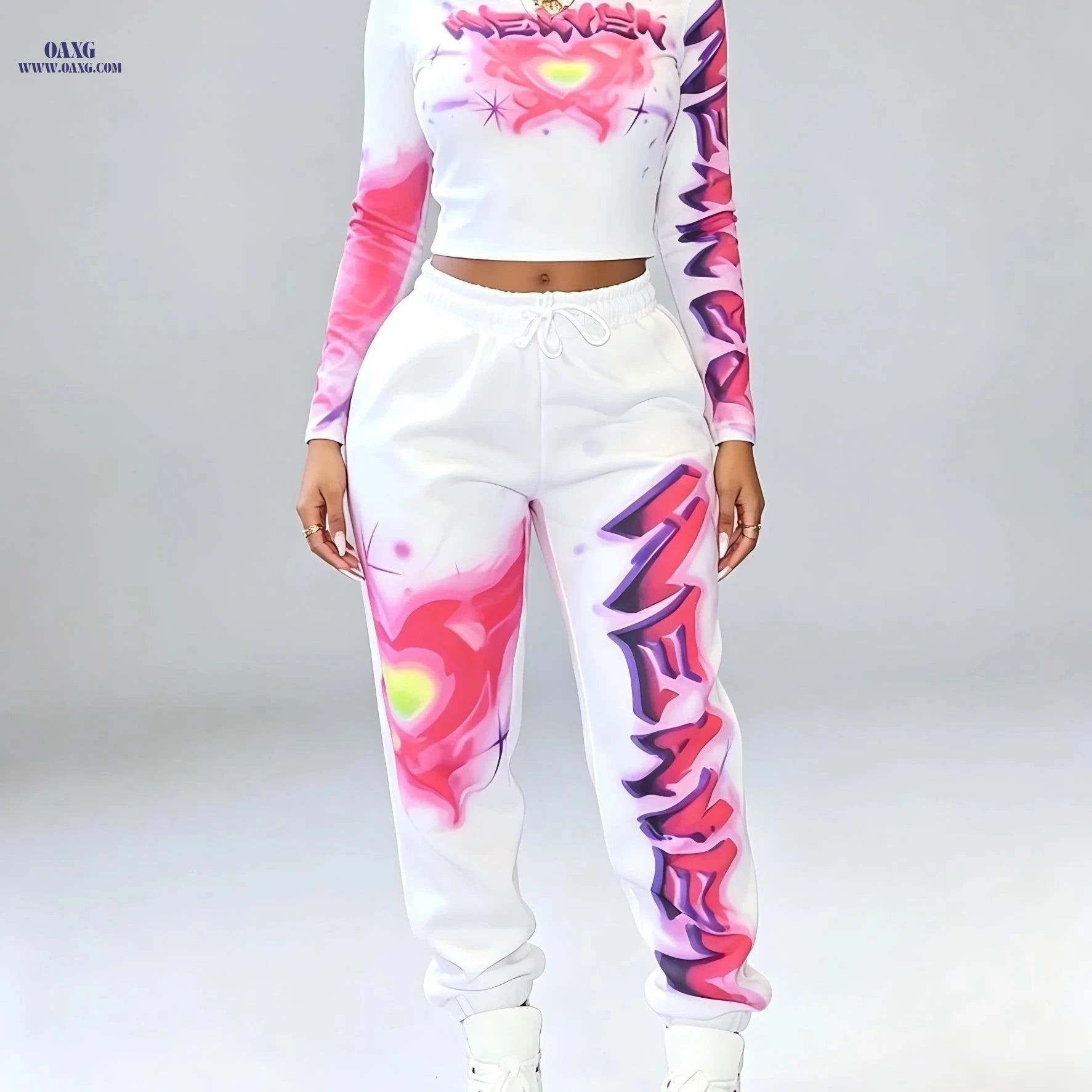 Y2K Women's Heart Top & Skinny Pants Set - Casual Long Sleeve   OAXG Light White+Pink / S